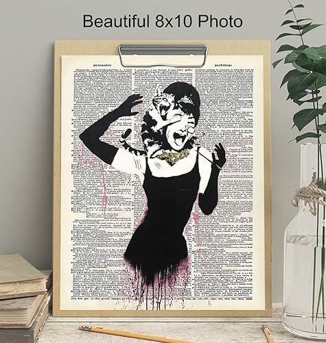 Miniatura 3 de Audrey Hepburn, Banksy Graffiti Art - Decoración de pared de gato - Póster impreso de 8 x 10 - Decoración divertida para el hogar, decoración de
