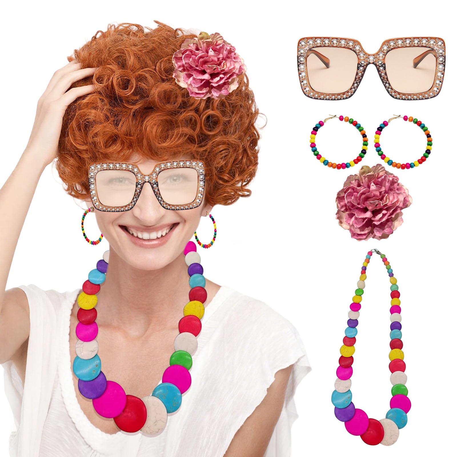 Mrs Roper Halloween Costume Accessory Set 70s Retro Party Outfit Adult Women's Roleplay Accessories Includes Wig and Jewelry