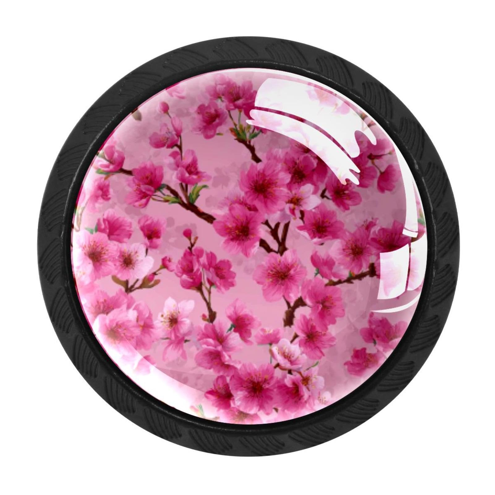 CHENZZZZ 4 Pieces Seamless Pink Floral Cherry Blossom (1) Kitchen Cabinet Knobs Drawer Knobs Dresser Knobs Black Knobs Drawer Pulls Dresser Drawer Handles Knobs for Dresser Drawers