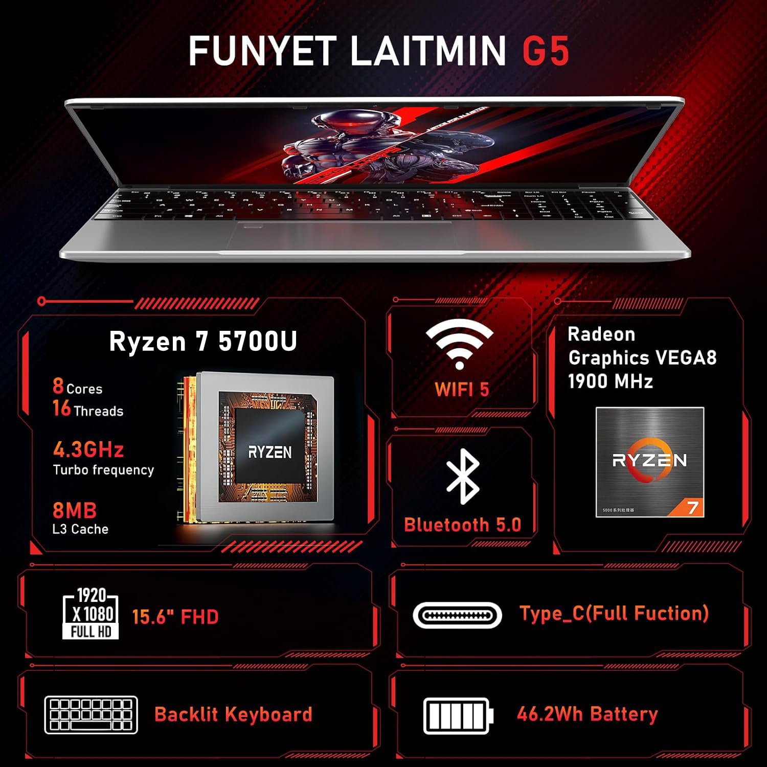 FUNYET 15,6 pollici Gaming Laptop,Win 11 Computer Portatile R7 5700U,RAM 32GB SSD 1TB Laptop Notebook,Tastiera Retroilluminata Portatile,WiFi,6000AMH,HDMI