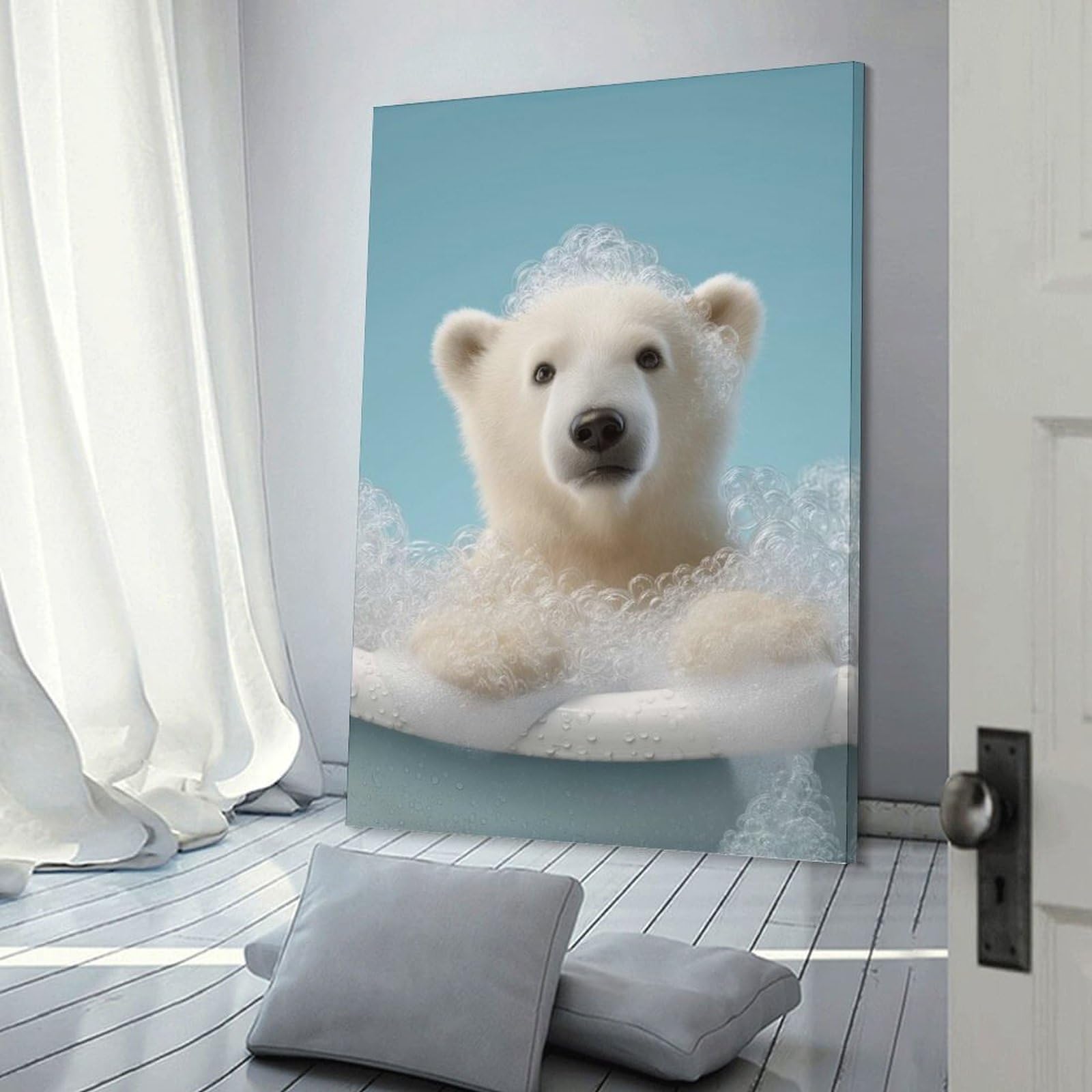 Junmoney Polar Bear Cub in Bubble Bath Wall Art Print, 12x18inch(30x45cm), for Bedroom Decor, Cosy Corners Or Studios, Decorative Wall Art for Cosy Rooms