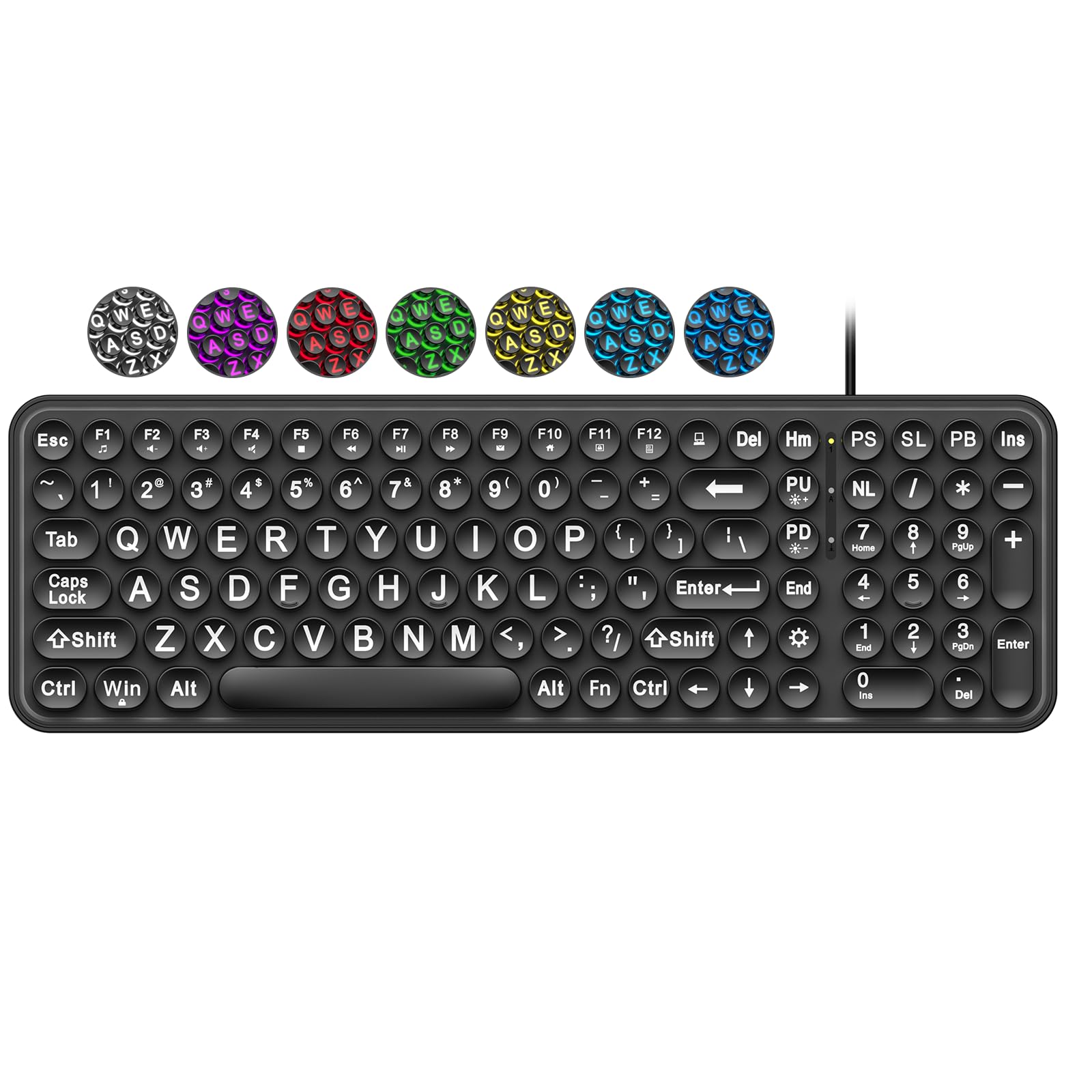 EDJO Large Print Backlit Wired Keyboard Full-Size with 7-Color LED Backlight Retro Round Keycaps Oversized Letters and Quiet