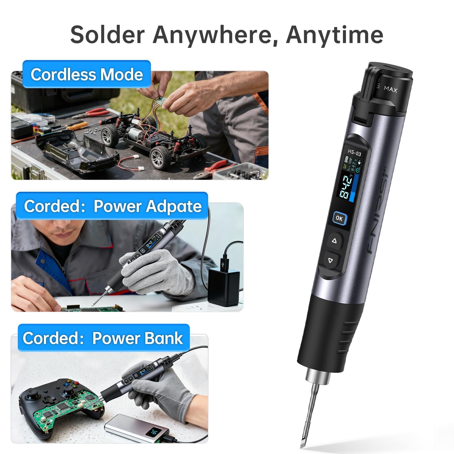 Soldador con Batería,Juego de Soldador con Batería HS-03 100°C – 450°C Ajuste de Temperatura De 5 Niveles Calentamiento RáPido de 3 Segundos FuncióN de Apagado AutomáTico Ajustable
