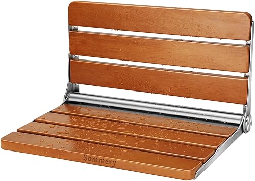 Miniatura 1 de Asiento de ducha plegable de teca de 18 pulgadas montado en la pared, banco de ducha plegable para espacio de ducha pequeño, taburete de madera de