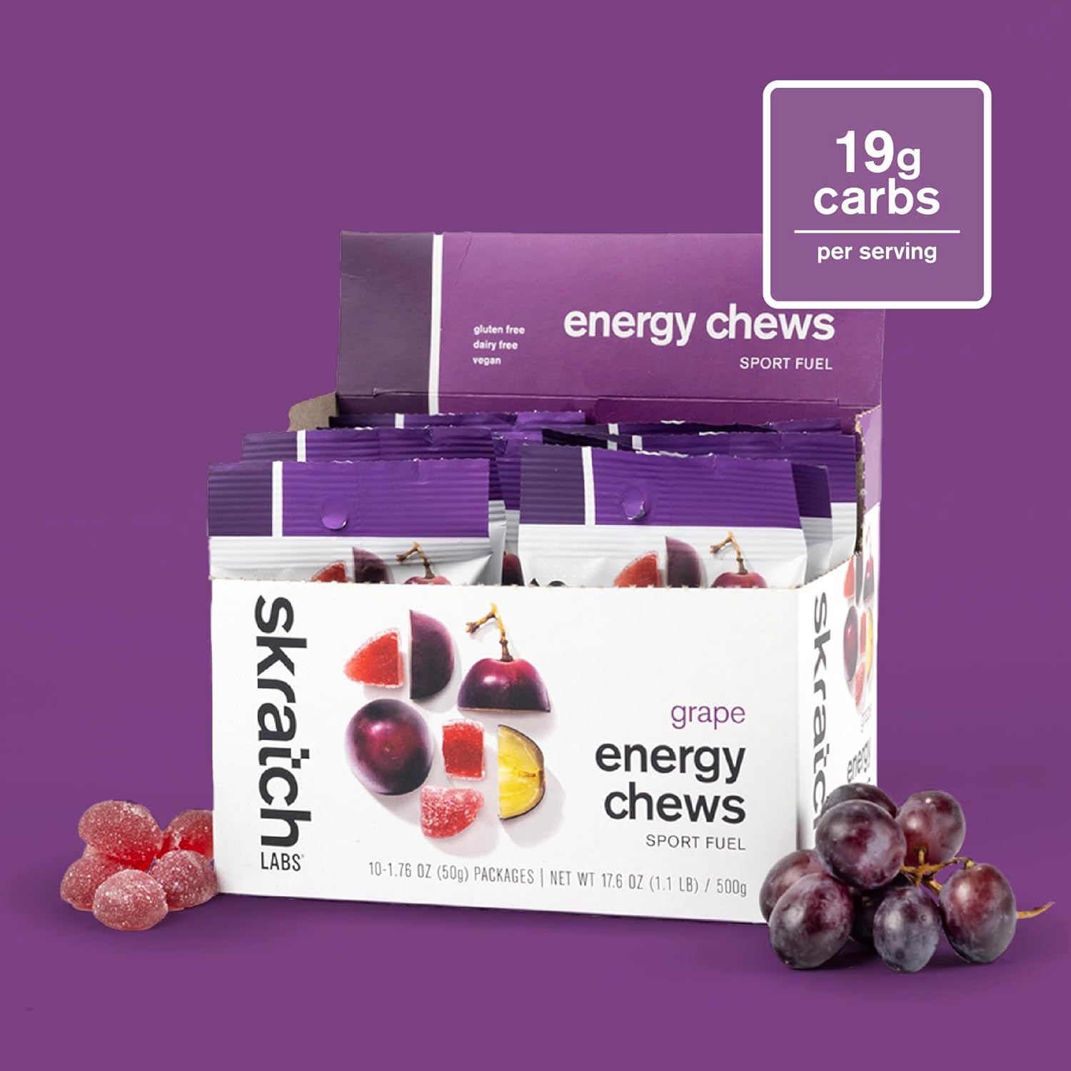 Skratch Labs Energy Chews | Gummies for Running, Cycling & Endurance Quick Carbs for Athletes, Easy to Digest, Real Fruit | Gel Alternative for Long Runs & Rides | Grape 10 Pack | Gluten Free, Vegan