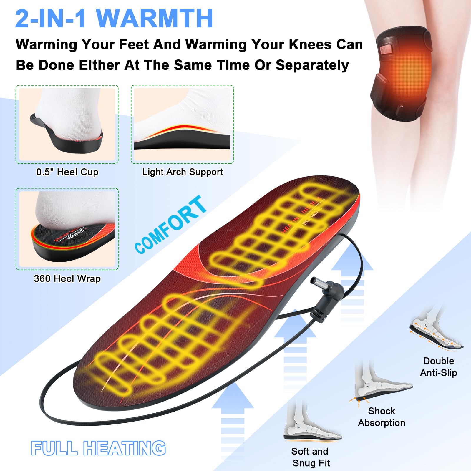 Solette Riscaldanti, 7.4V Solette Riscaldanti Piedi, Scaldapiedi con 3 Temperature, Solette Termiche, Riscaldamento del ginocchio, Scaldapiedi Elettrico per Sport, Sci, Campeggio, Ciclismo(L)