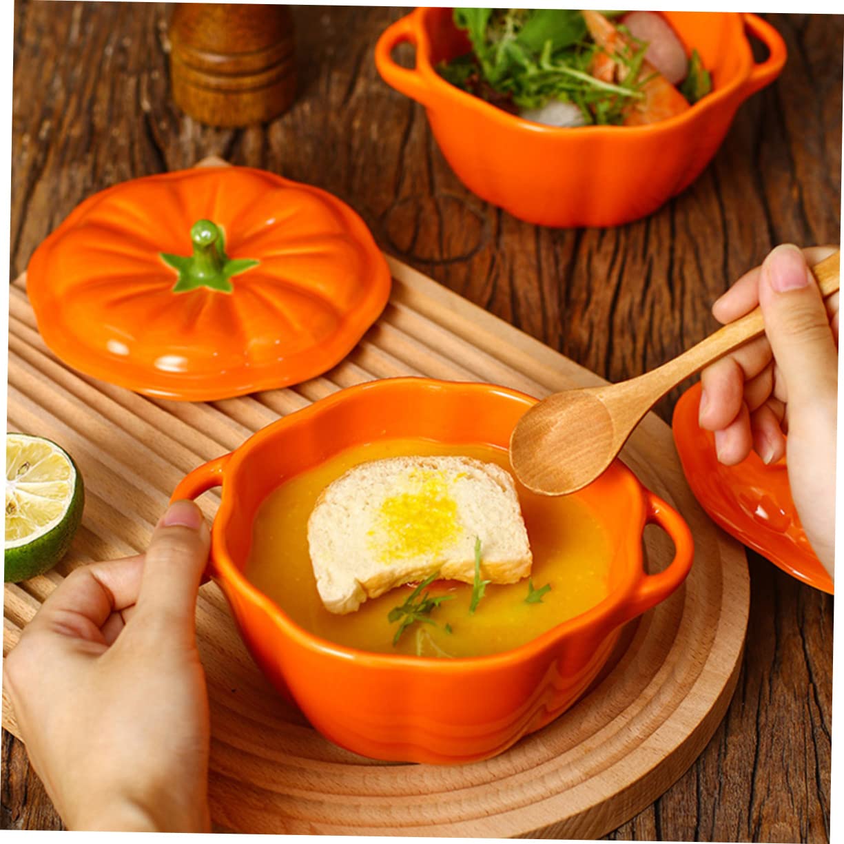 TOPBATHY 3 piezas Tazón de Cerámica con Diseño de Calabaza Resistente al Horno y Microondas para Estofar y Cocinar al Vapor Cuenco Versátil para Sopa y Postres Cocina