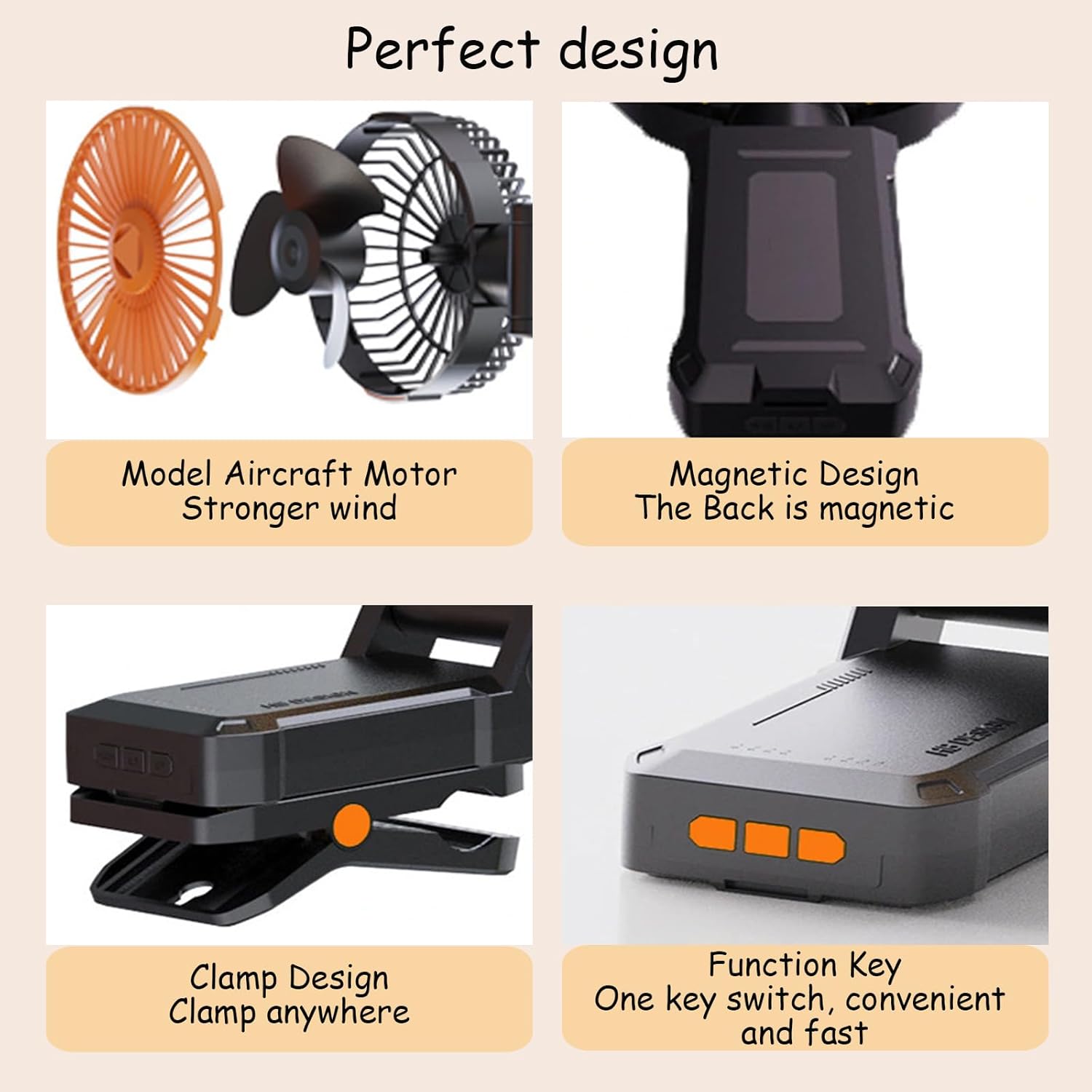 SAYTAY Golf Cart Fan, 75° Adjustable Magnetic Clip Portable USB-Charged Foldable Handheld Fan for Outdoor Camping, 4 Speeds & Lights,RC Model Motor - equipped 4 - in - 1 Fan with Stand (Black)