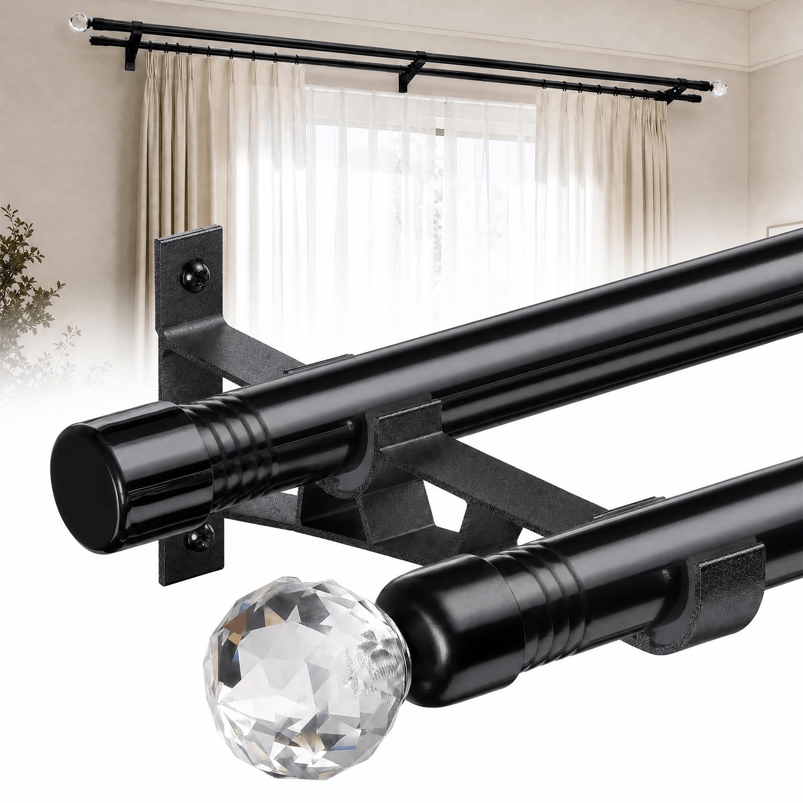 Double Curtain Poles, 2.5 cm Diamond Decorative Double Window Rods 76-230 cm Adjustable Curtain Poles for Sliding Glass Door, Patio, Bedroom, Black