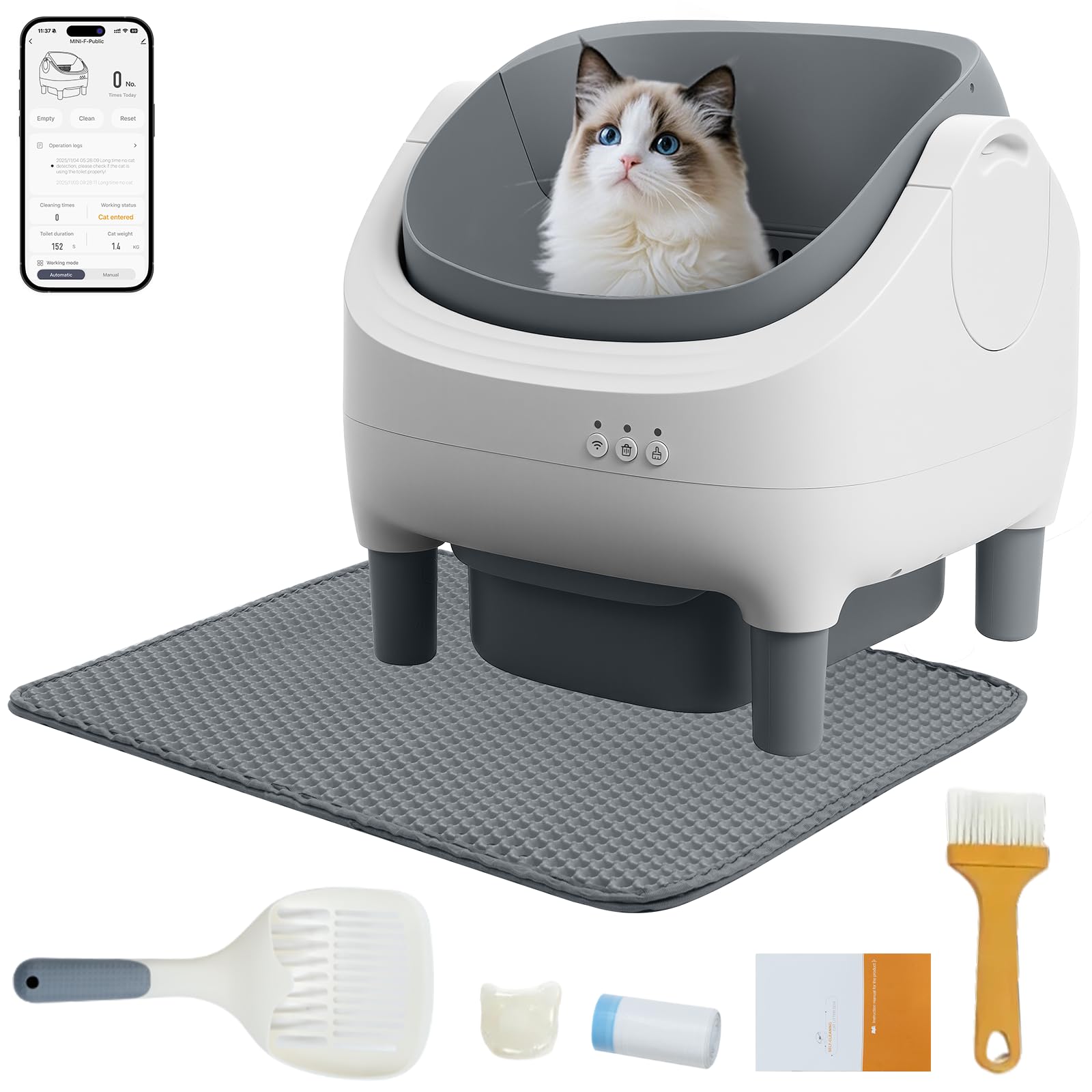 TAIFA Self Cleaning Litter Box with APP Control, Open-Top Automatic Litter Box for Multiple Cats with Safety Sensors, Odor-Free Waste Disposal Includes Trash Bags, 15L Waste Bin, Brush, Scooper, Mat