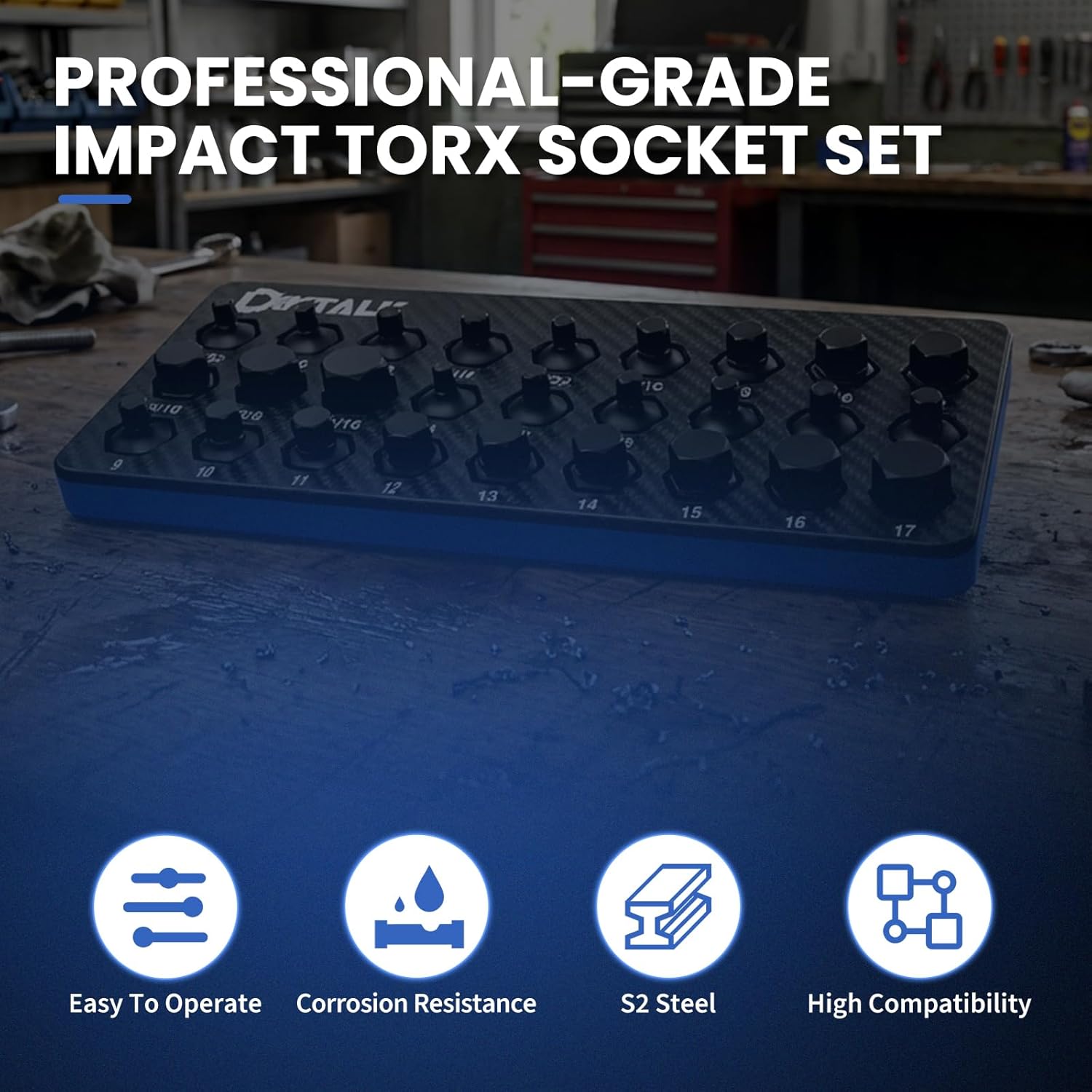 3/8" Drive Stubby Hex Bit Socket Set,27PCS Impact Torx Socket Set with SAE & Metric Sizes (5/23"-11/16" & 4mm-17mm),Anti-Roll Design for Impact Use