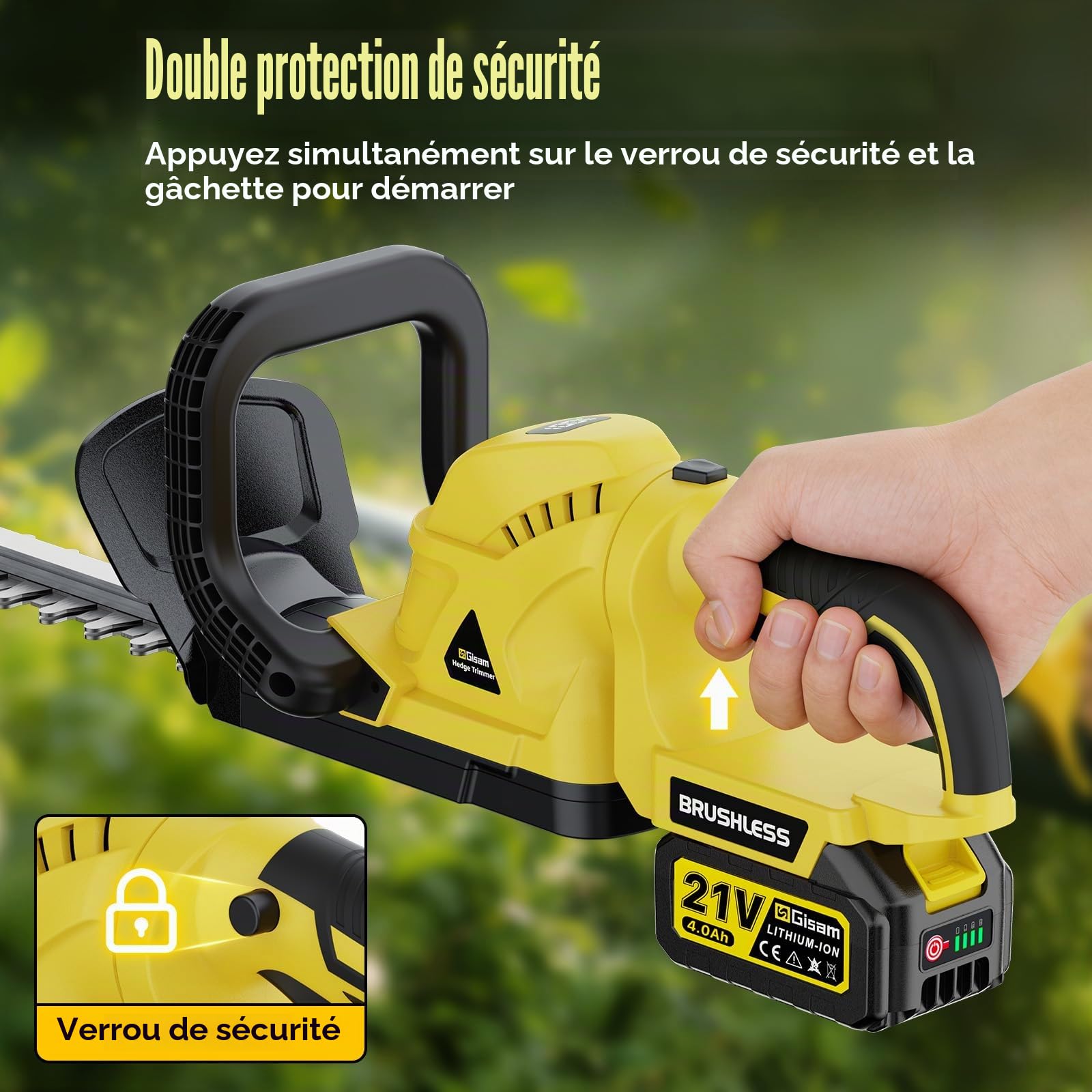 Taille-Haie Sans Fil 22 Pouces, Moteur Sans Balais 3000 W, 2 Batteries 4,0 Ah, Lame SK5 Double Action, Diamètre de Coupe 16 mm, Poignée Pivotante 180°