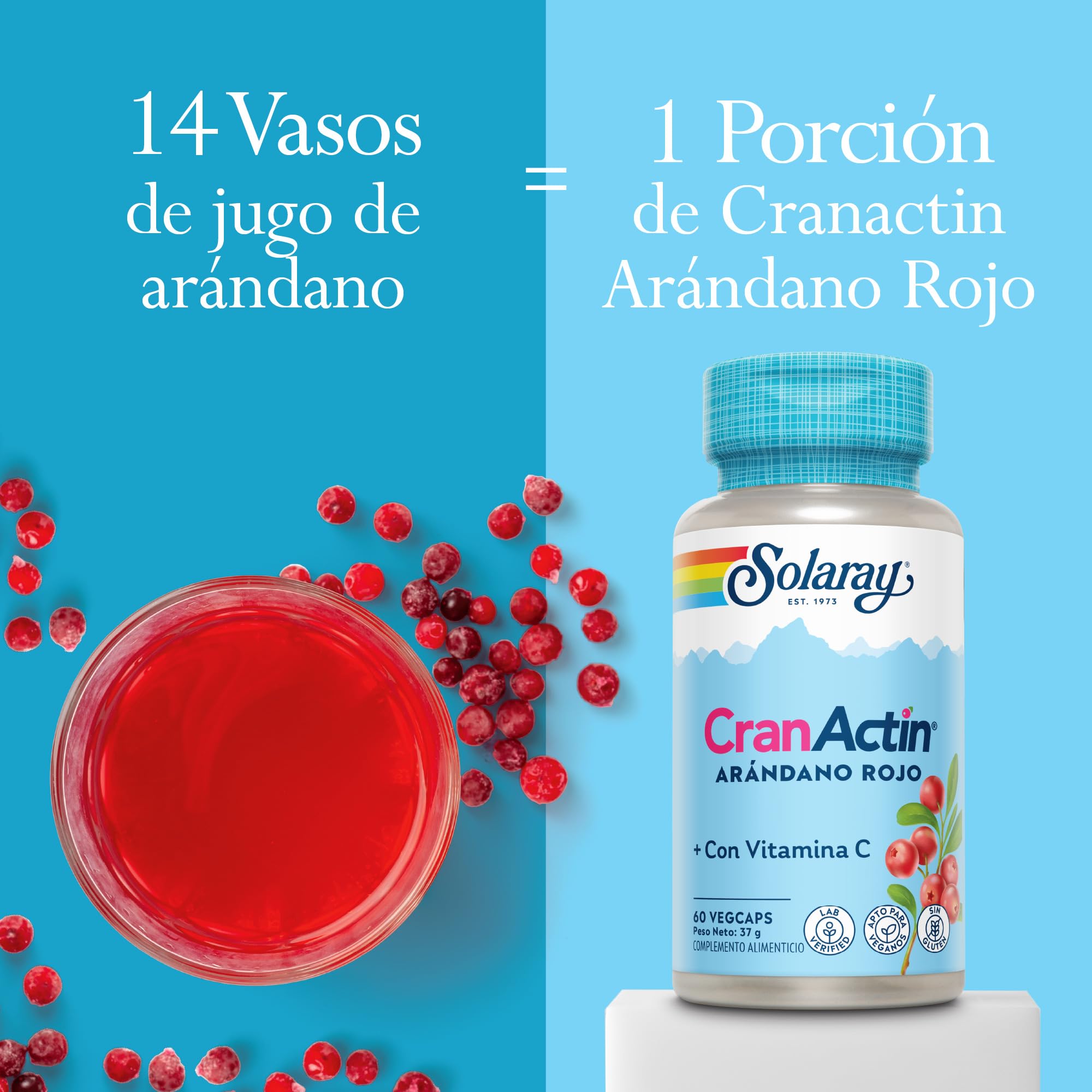 Cranactina arándano con vitamina C, 60 cápsulas veganas, no tabletas, suplemento concentrado de arándano, sin OMG y verificado en laboratorio. Solaray