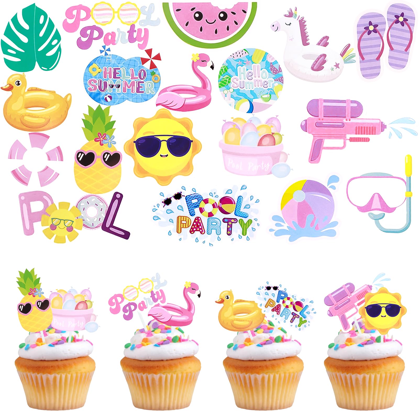 Morofme Summer Cupcake Toppers 34 Pcs, Pool Themed Birthday Cake Topper with Swim Rings, Sun, Fruit DeasignsοΌHawaiian Cake Decorations Cake Toppers for Birthday, Swimming Pool Party Supplies
