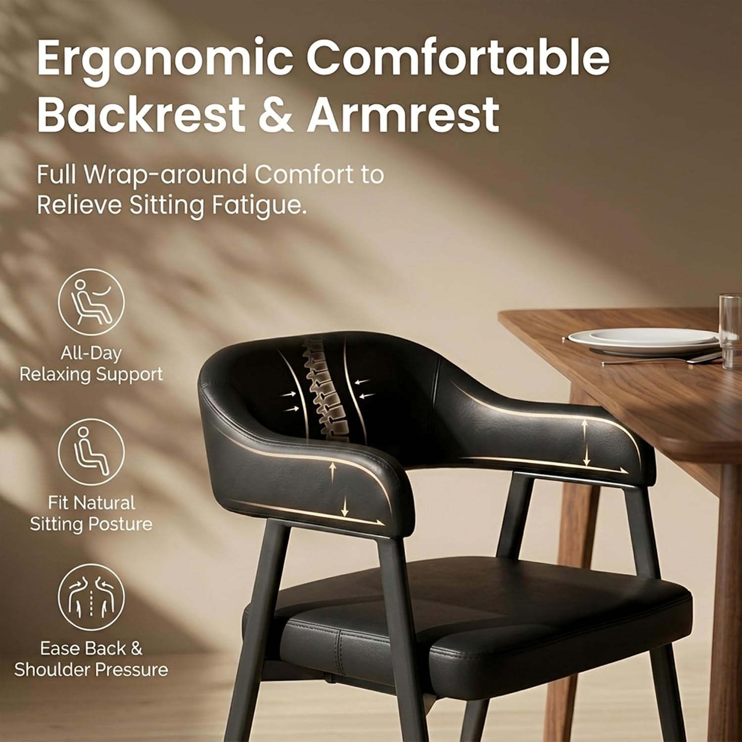 HNY Modern Dining Room Arm Chairs Set of 4, Retro Faux Leather Upholstered Barrel Dining Chairs with Arms Mid-Century Black Accent Chair with Metal Legs, Open-Back Kitchen Side Chair for Living Room