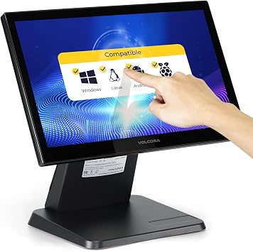 Volcora 15.6" Black LED Touch Screen Monitor with Metal Stand - Backlit 1366 * 768 with VGA HDMI Connection for Small Business, Restaurant, Office - No Driver Required Not Compatible with macOS/iOS