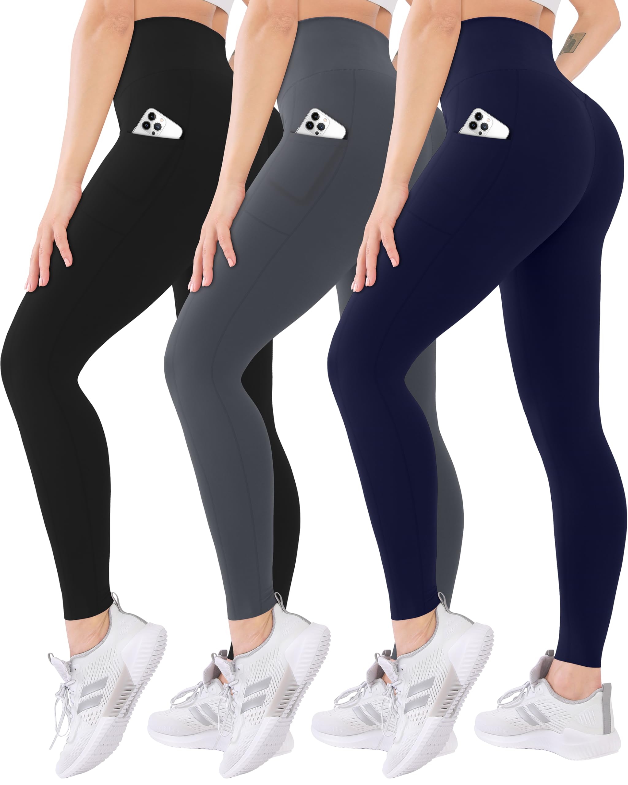 Blisset Paquete de 3 leggings de cintura alta para mujer, pantalones deportivos suaves con control de abdomen para correr, yoga, entrenamiento, talla regular y grande, 03-pokets-negro/gris/azul marino