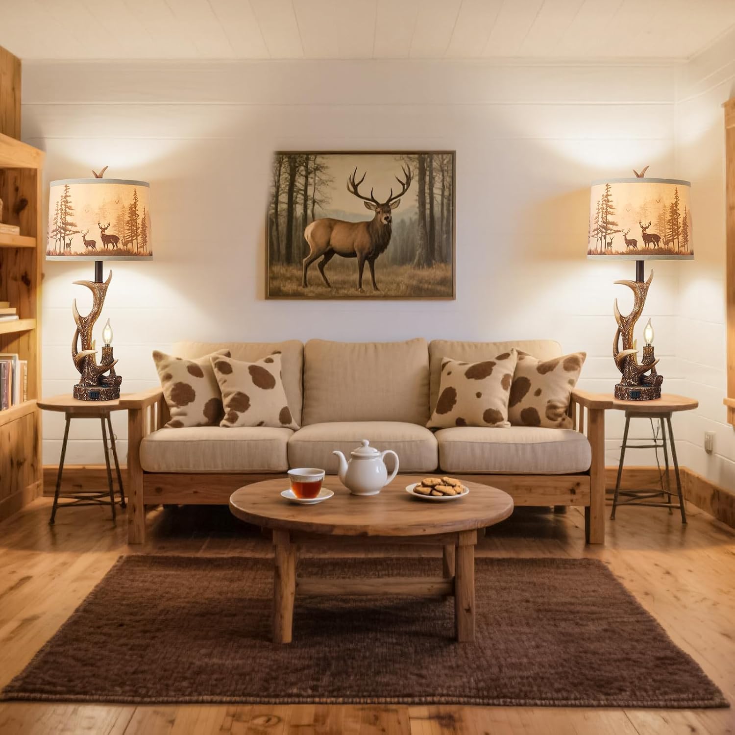 2PACK Rustic Antler Table Lamps Included 4 Bulbs for Bedroom, 28'' Farmhouse Antler Table Lamp with Deer Forest Lampshade USB + Type C Ports Decor for Living Room End Table Cabin Office House