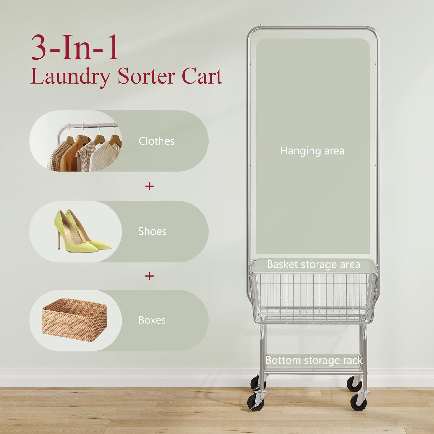 Diagram showing the 3-in-1 functionality of the laundry sorter cart