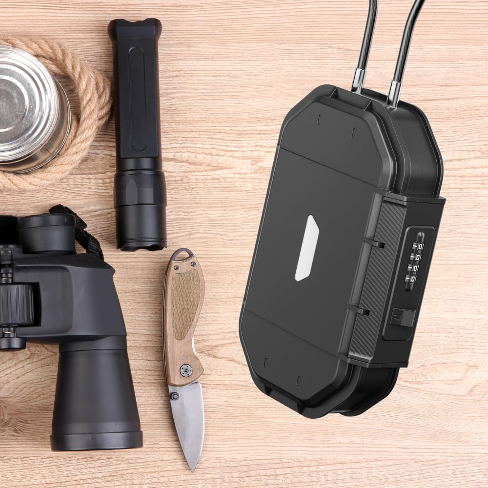 BRÜNN Cassetta di sicurezza portatile con serratura a combinazione, impermeabile, da viaggio, con cavo in acciaio, colore nero, scatola con combinazione, ideale per esterni, campeggio, spiaggia