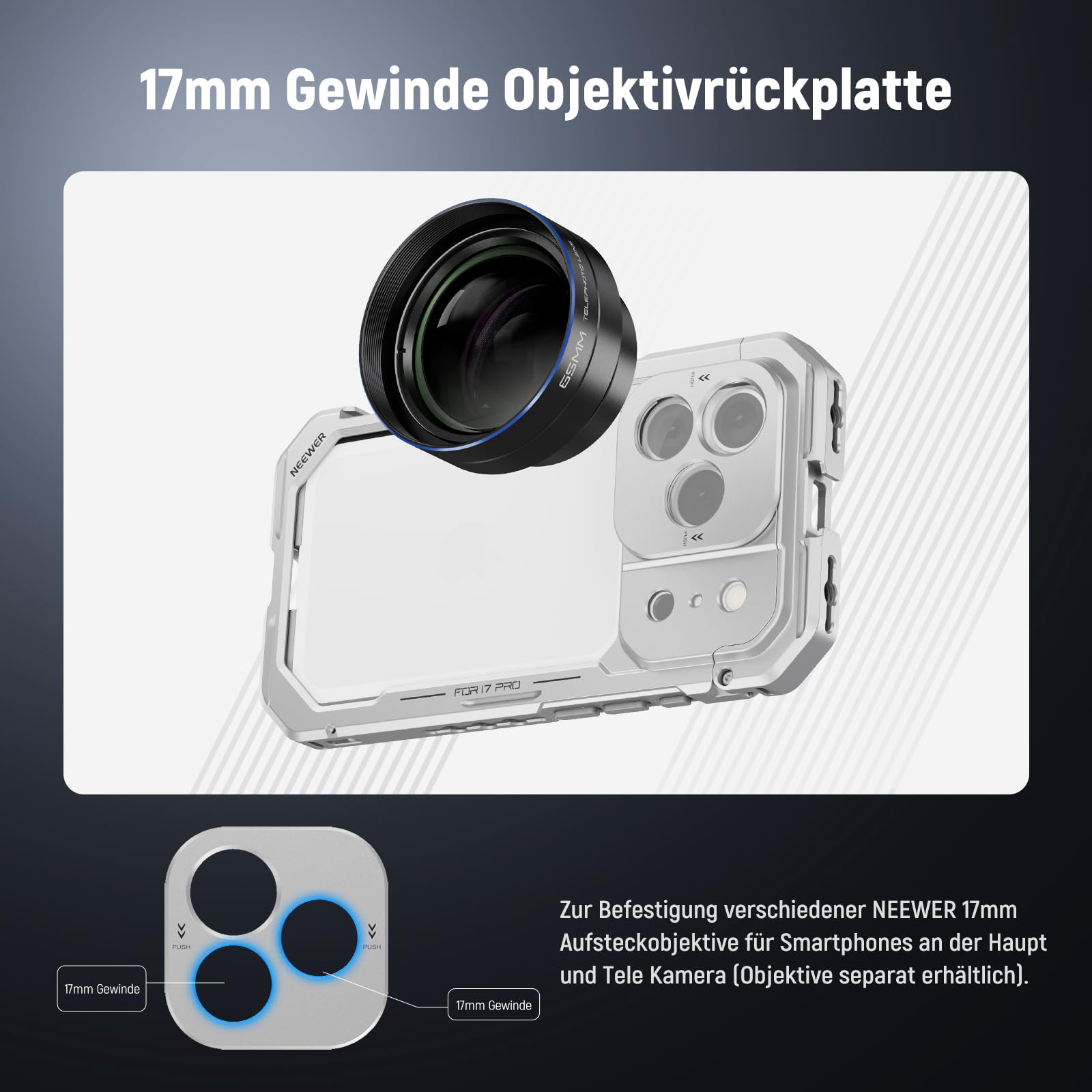 NEEWER Phone Käfig Cage Kompatibel mit iPhone 17 Pro, Schnellwechsel Video Rig Handy Stabilisator Zubehör mit 67mm Filterring, 17mm Objektivrückplatte, T Mount Adapter, PA143 (Silver)