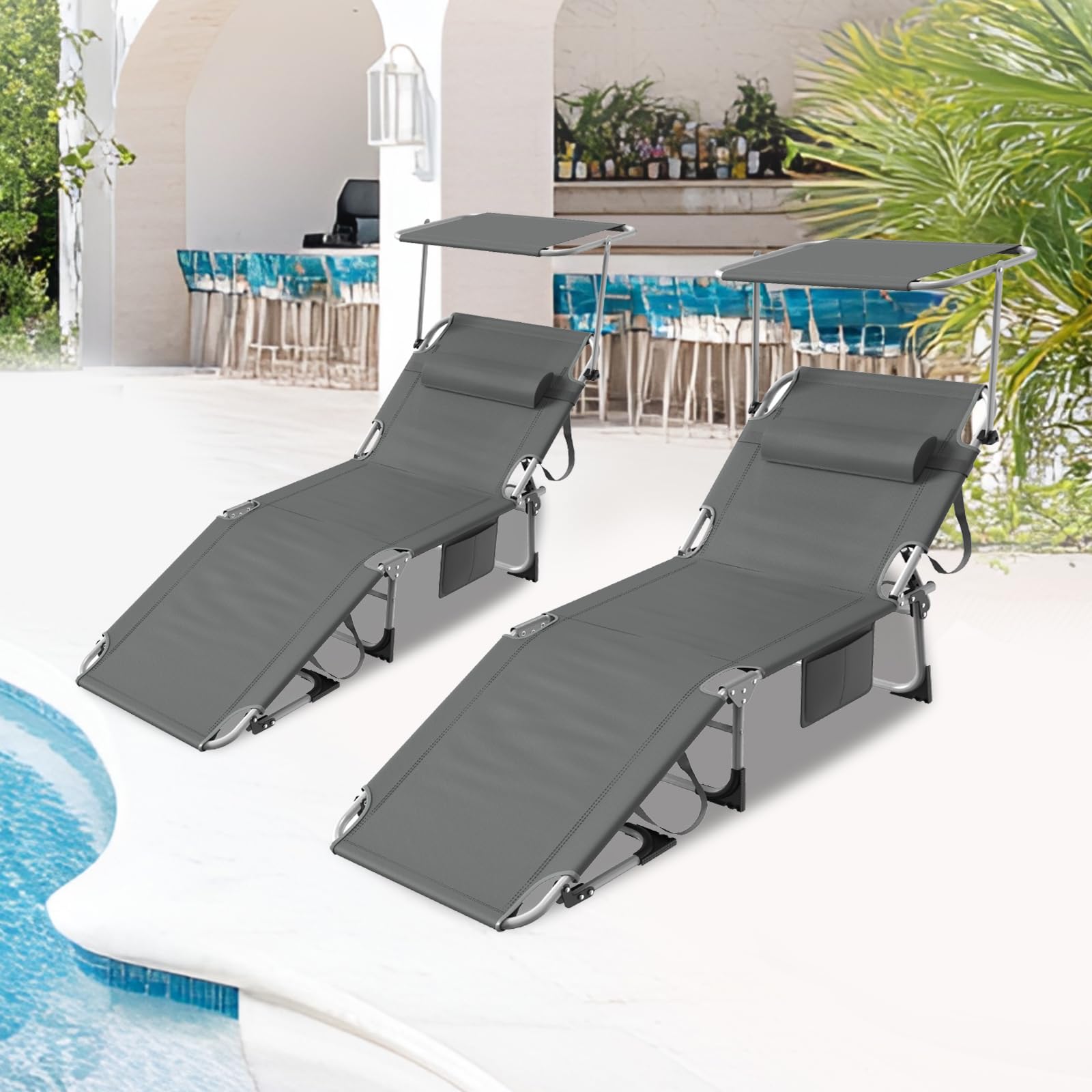 2er Sonnenliege Mit Dach 195X69cm, Wetterfeste Gartenliege XL, Strandliege Klappbar & Leicht, Mit Sonnenschutz & Verstellbarer Rückenlehne, Bis 150 Kg, Ideal Für Garten Terrasse Camping, Anthrazit