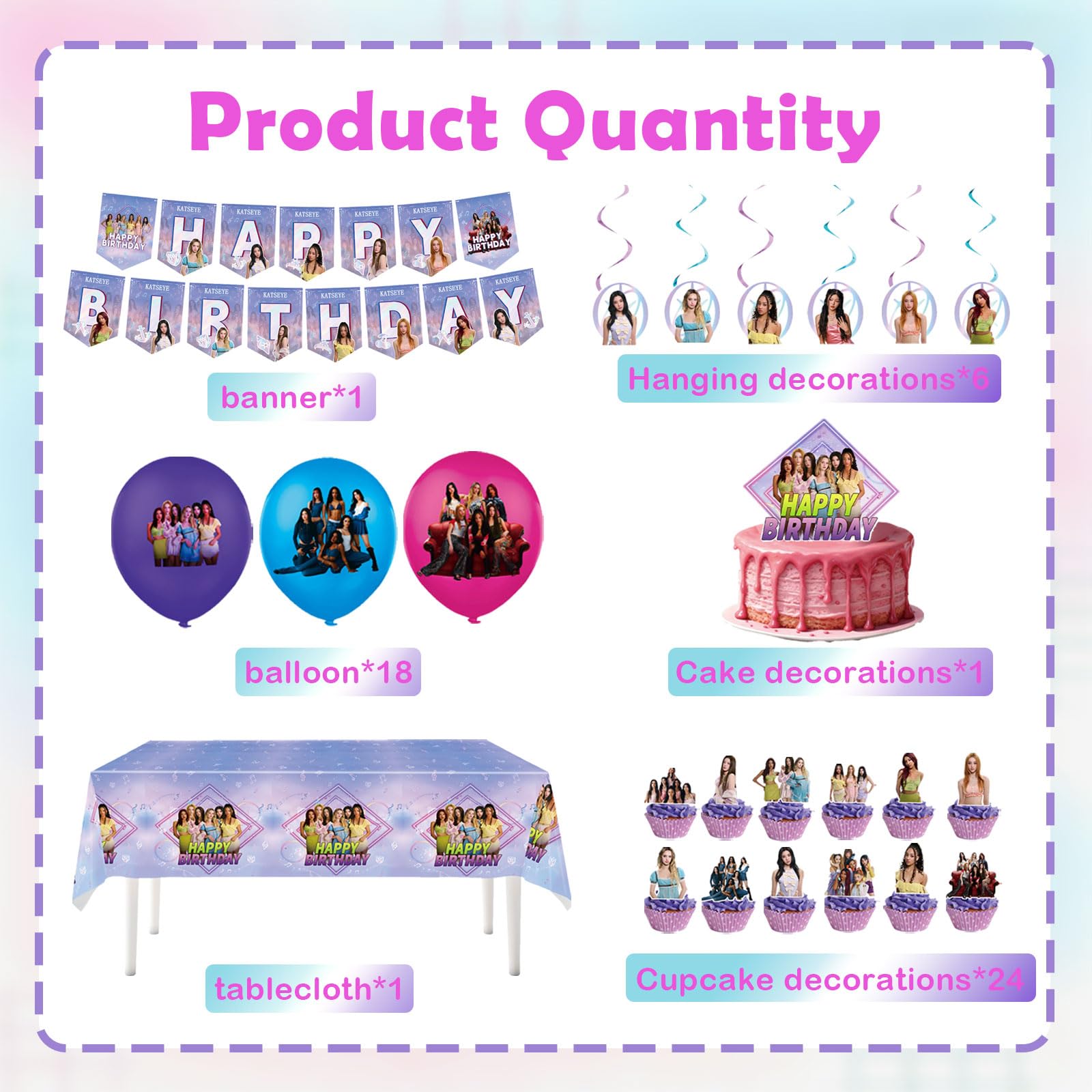 Set di decorazioni per compleanno a tema Katseye da 51 pezzi, Comprensivo di striscione, Decorazioni per torta, Tovaglia, Palloncini, ideale per feste di compleanno di bambini e appassionati