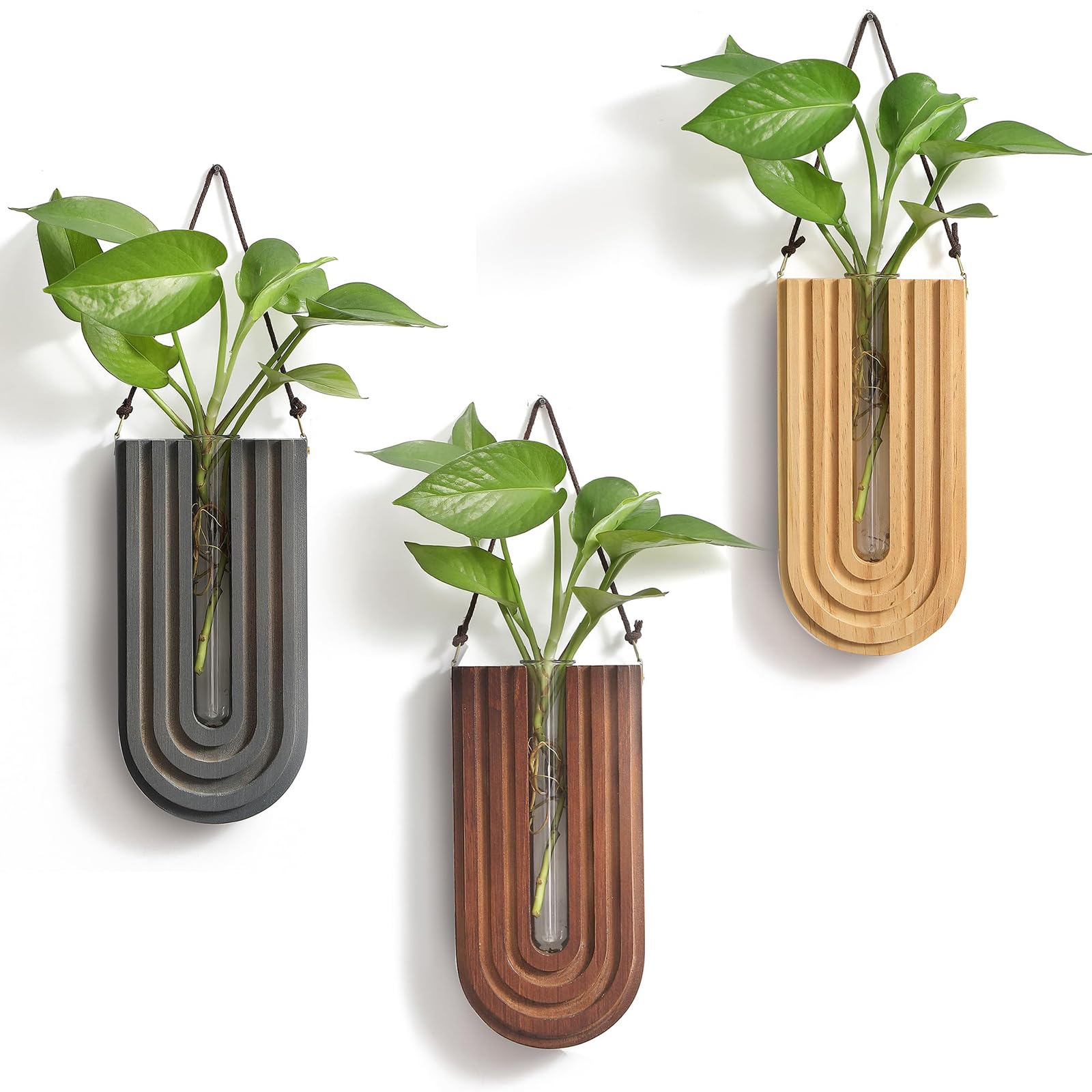 Paporich Wood Wall Planter Indoor, Propagation Station, Wooden Hanging Vase for Dried Flowers, Wall Plant Holder, Boho Wall Décor for Living Room U Rainbow Shape (Set of 3)