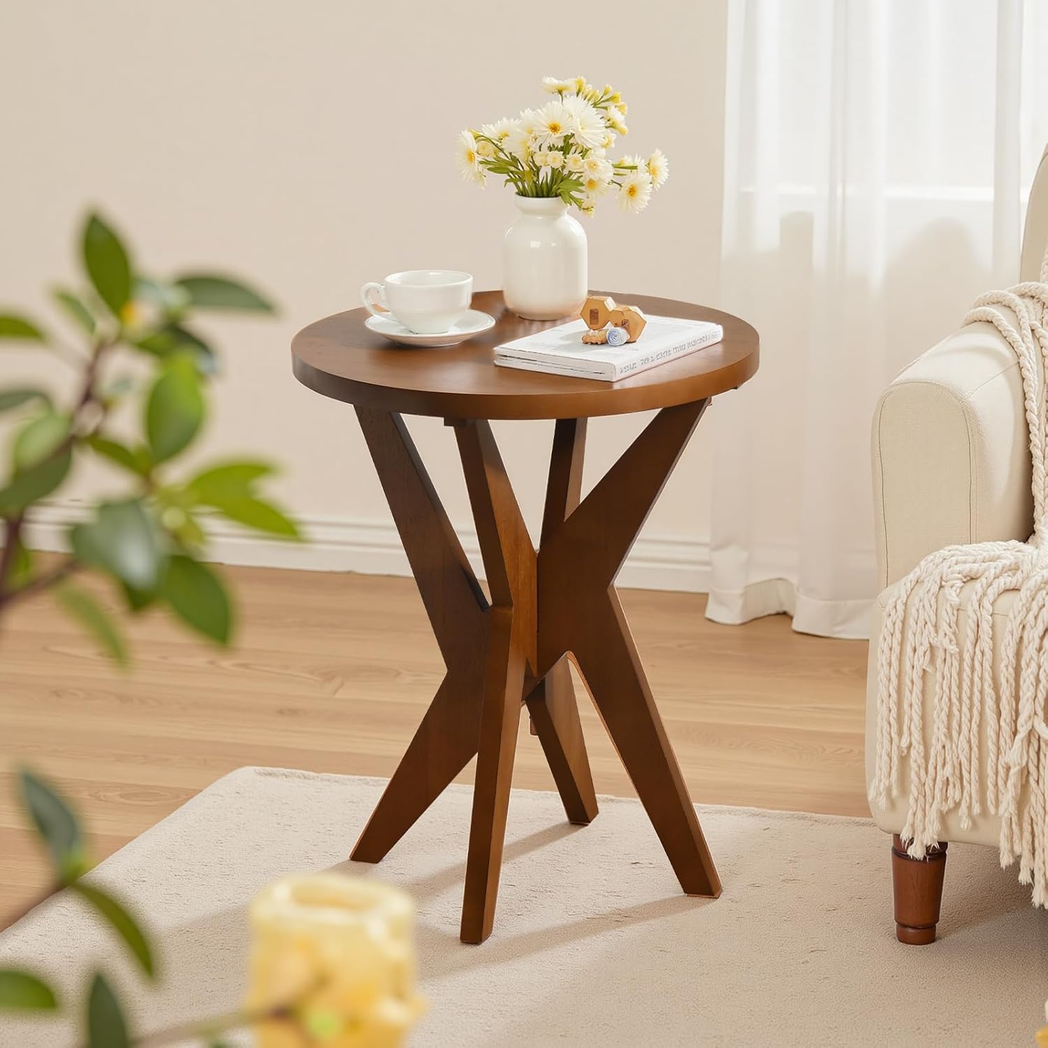 Ahokua Mid-Century Modern Round End Table, Walnut Brown Farmhouse Side Table with MDF Top and Crossed Legs for Living Room Bedroom, or Small Spaces