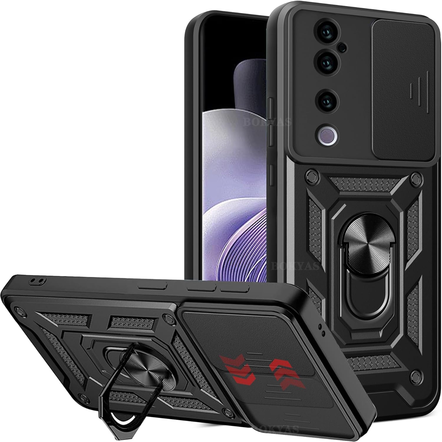 GruattreayCompatible with VIVO V40 5G Case, Case with Slide Camera Cover Heavy Duty Military Grade Shockproof Magnetic Ring Holder Kickstand Case for VIVO V40 (Black)