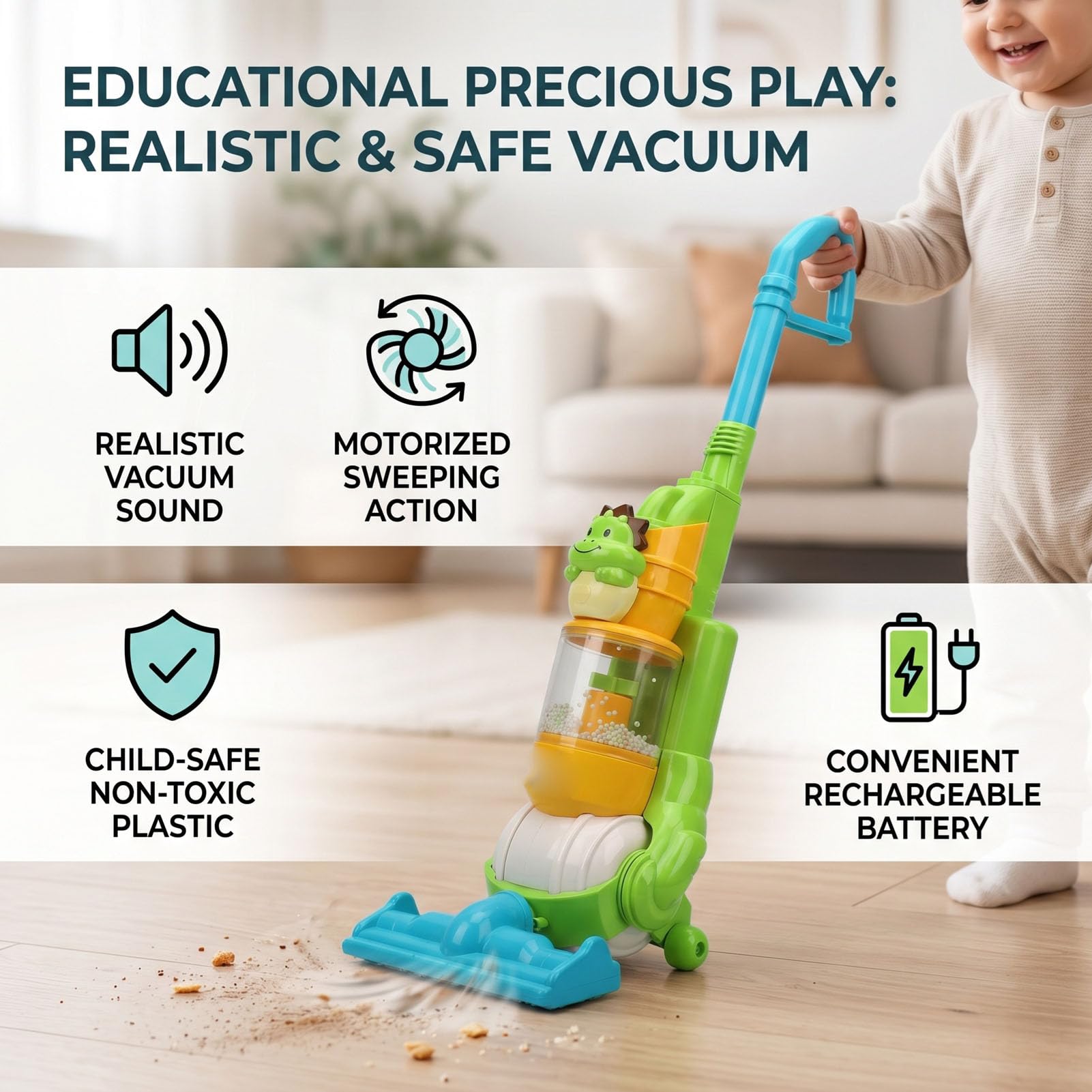 Giocattolo per Aspirapolvere per Bambini con Aspetto Realistico Realistico, Effetti Sonori e Spazzamento Motorizzato, Potenzia le capacità Motorie, Indipendenza per i Bambini (Dinosauro)