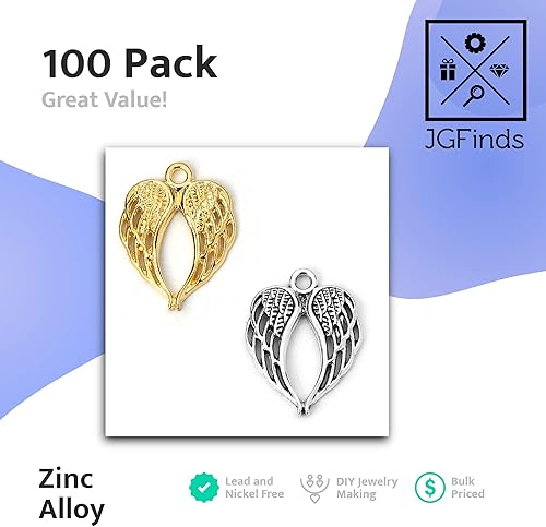 Miniatura 3 de JGFinds Dije de alas de ángel, paquete de 100 (50 plateadas, 50 en tono dorado) suministros para hacer joyas, pequeñas alas de metal de 78 pulgadas