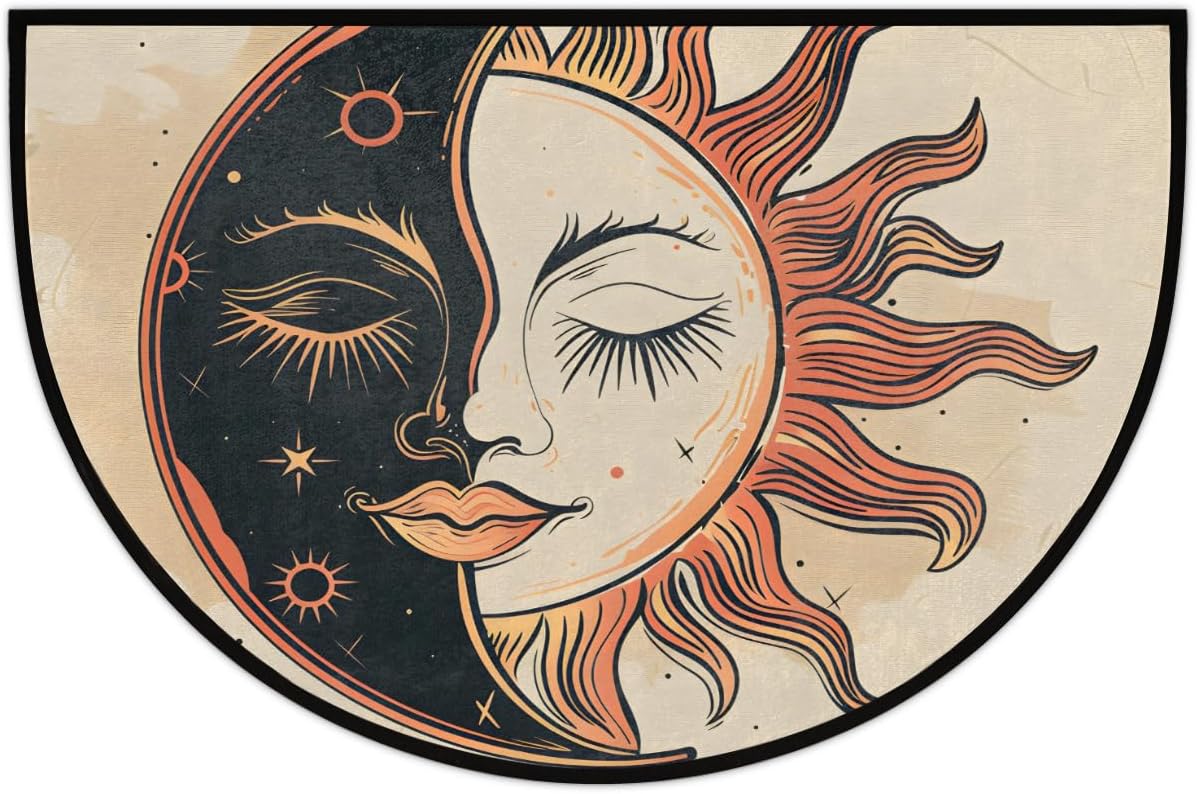 Half Round Door Mat Abstract Moon Sun Half Moon Rug Washable Half Circle Area Rugs Indoor Entrance Non Slip Semi Circle Bathroom Rugs Floor Carpet for Kithen Bedroom Fireplace Decor