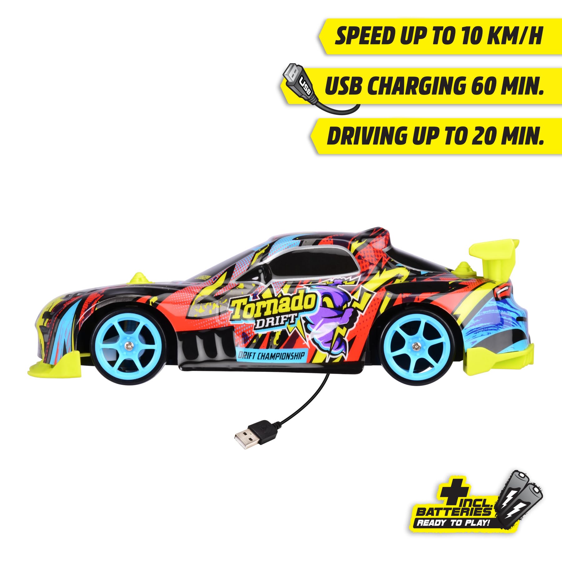 Dickie Toys - RC Auto Tornado Drift – zdalnie sterowany samochód od 6 lat z oświetleniem podłogi, pilot zdalnego sterowania 2,4 GHz, akcesoria i baterie, 10 km/h, 4WD