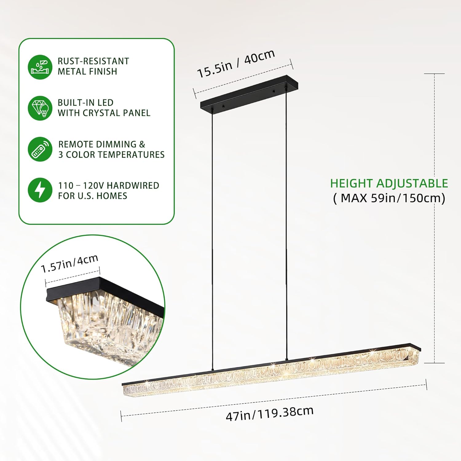 Modern LED Linear Crystal Pendant Light, 47IN Dimmable Ceiling Chandelier with Remote Control, 3-Color Temperature Adjustable Hanging Light Fixture for Kitchen Island, Dining Room & Pool Table