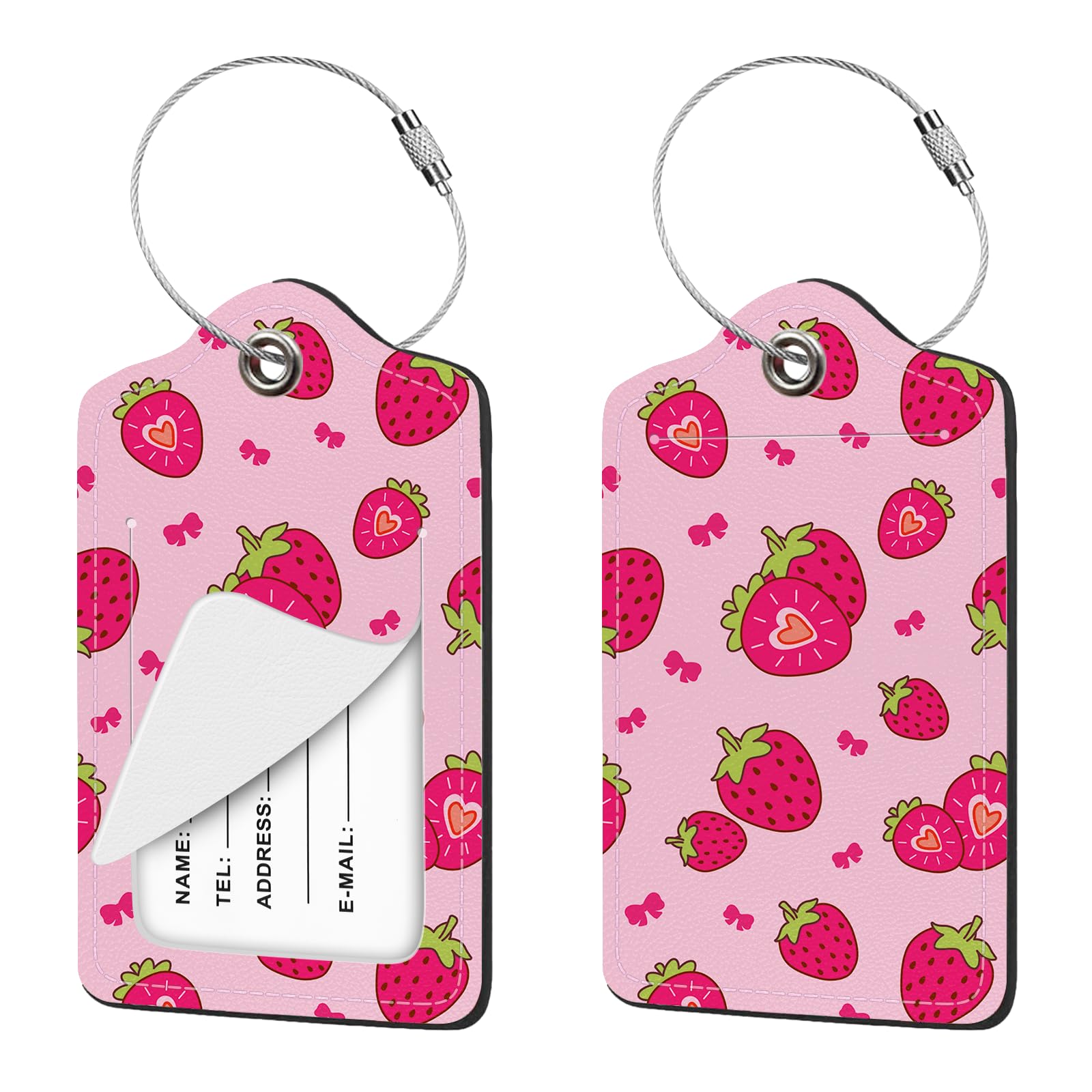 Nyixblyre 2 Pcs Luggage Tag for Suitcases, Cute Strawberry Bows PU Leather Suitcase Tag Privacy Cover Name ID Label with Metal Loop, Personalized