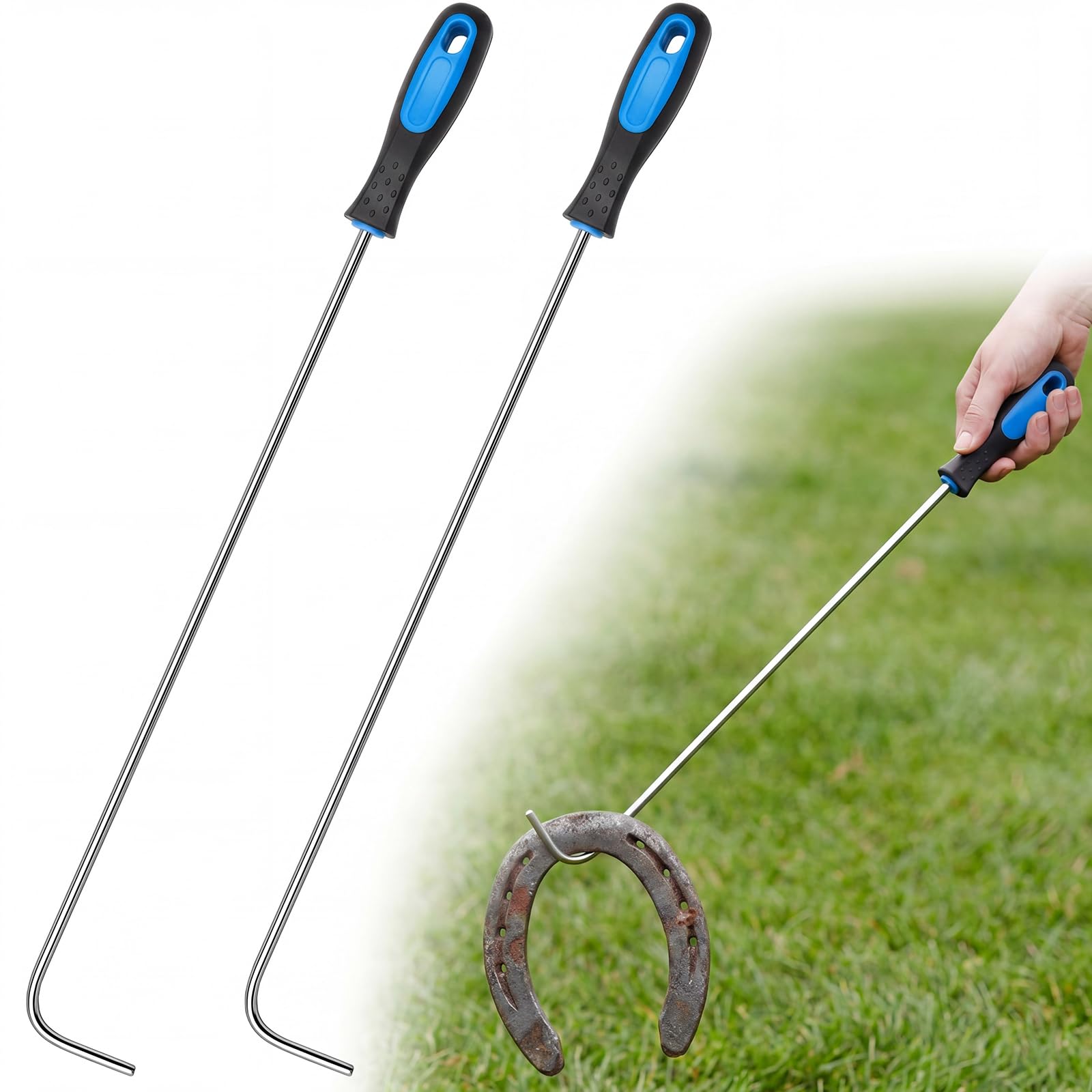 Arrowbash 2 Pcs 20 Inch Horseshoe Pick-up Hook with Stainless Steel Shaft, Ergonomic Grip Horseshoe Retriever, Portable Horse Shoe Pick up Stick for Outdoor Games