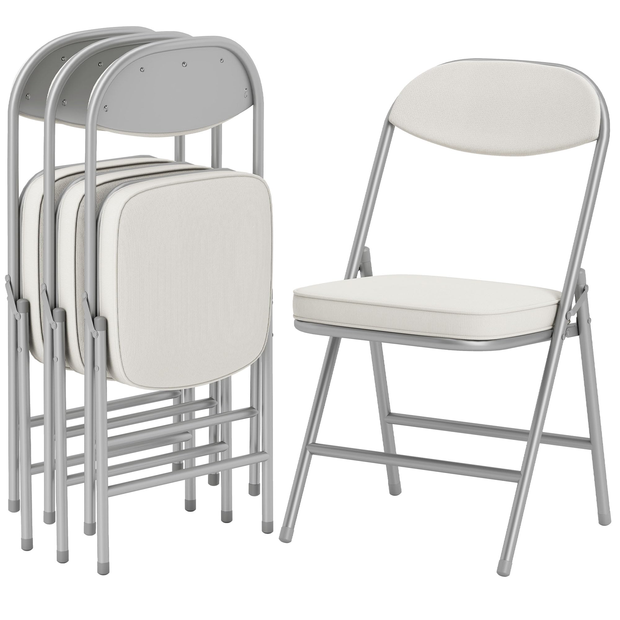 HOMCOM Fabric Padded Folding Chairs Set of 4, Foldable Chairs with Corduroy Cushioned Seat and Backrest, Heavy Duty Steel Frame, Multi-Purpose for Home, Office, Dining, Reception, Cream