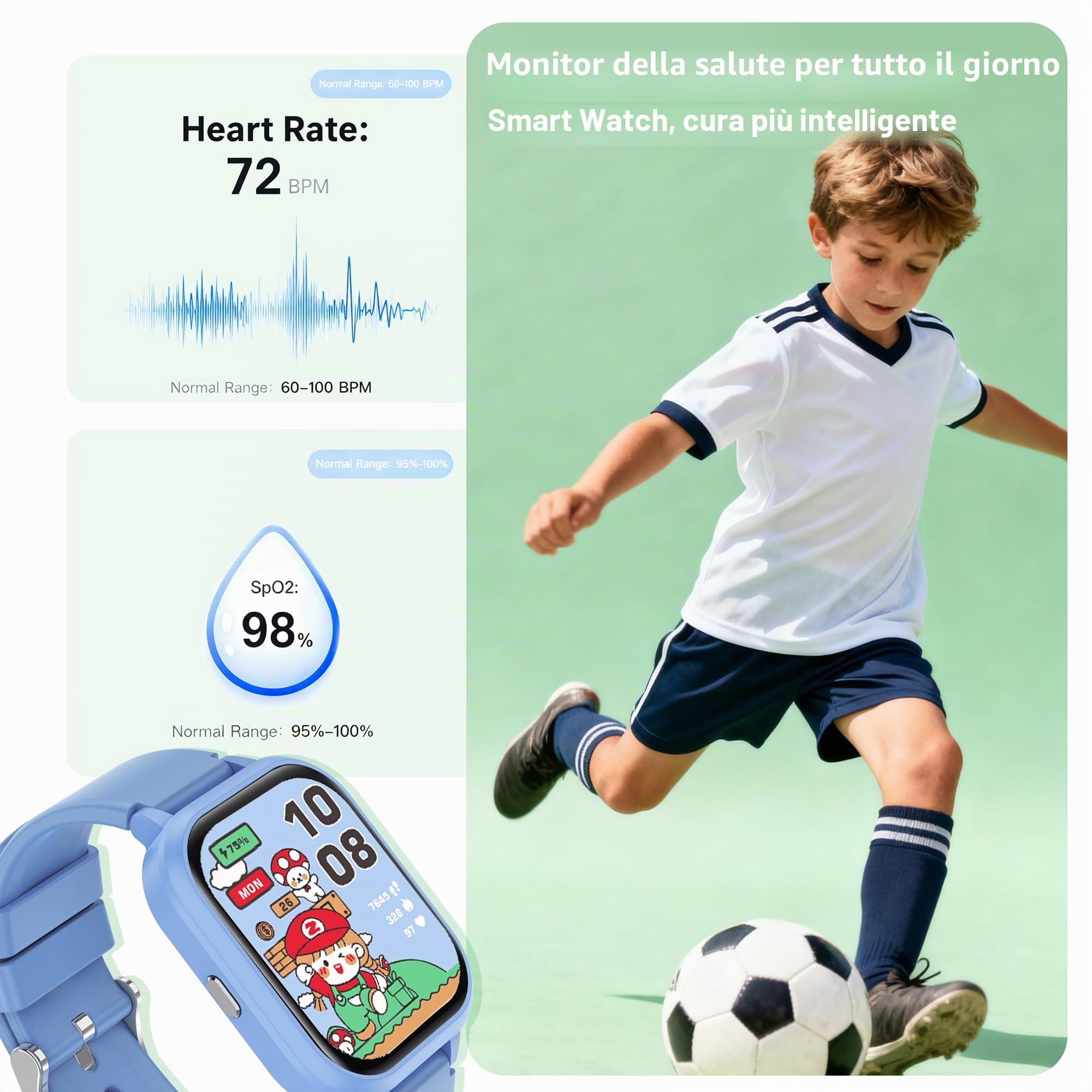 Smart Watch per bambini per ragazzi e ragazze, orologio per ragazze IP68 con oltre 20 modalità sportive, tracker fitness per bambini da 1,8 pollici con cardiofrequenzimetro del sonno, 14 giochi, passo