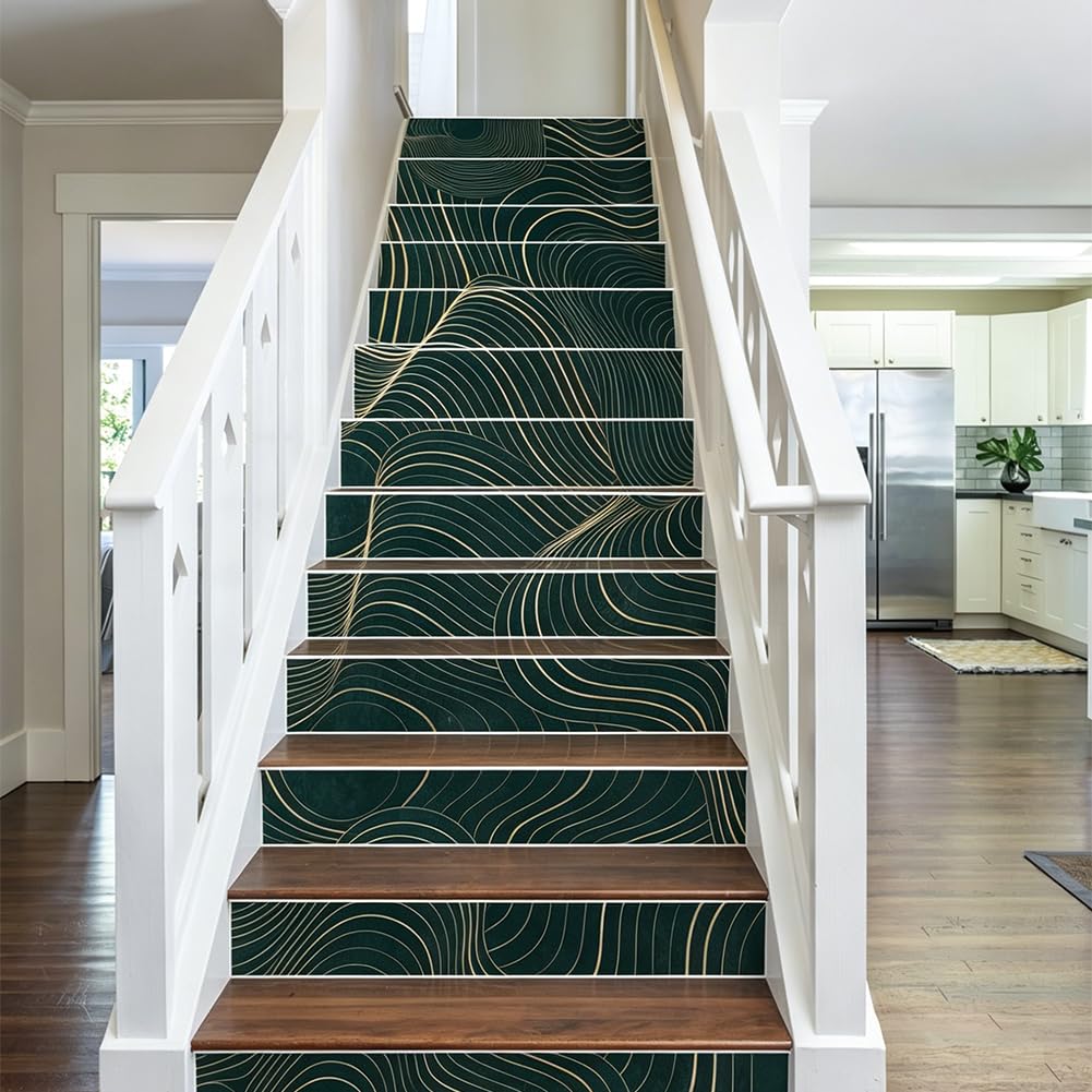 PLIGREAT 15 Strips Black Stair Riser Decals, Peel and Stick Stair Stickers for Steps Twist Lines Vinyl Stairway Stickers Self-Adhesive Staircase Murals for Home Hotel Decor, 18x100cm