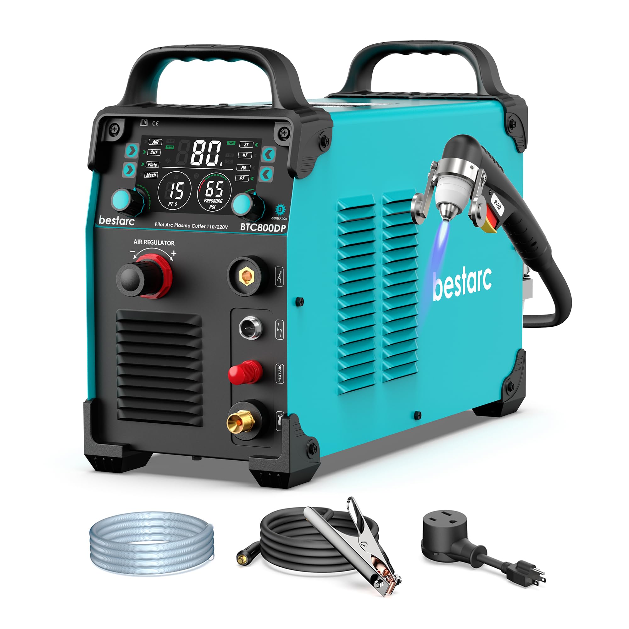 bestarc Plasma Cutter, Pilot Arc BTC800DP 9th Generation 80Amps Screen Display Dual Voltage 110/220V Digital Plasma Cutting Machine (BTC800DP 9Gen 110/220V)