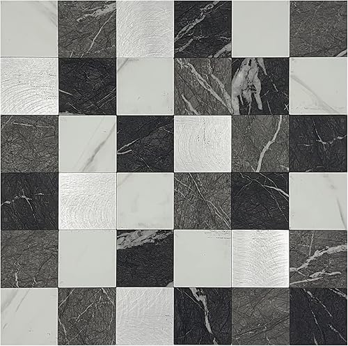 Crystiles Medley - Azulejos de PVC y aluminio de 12 x 12 pulgadas, para despegar y pegar, mármol negro y metal cepillado, paquete de 12 unidades