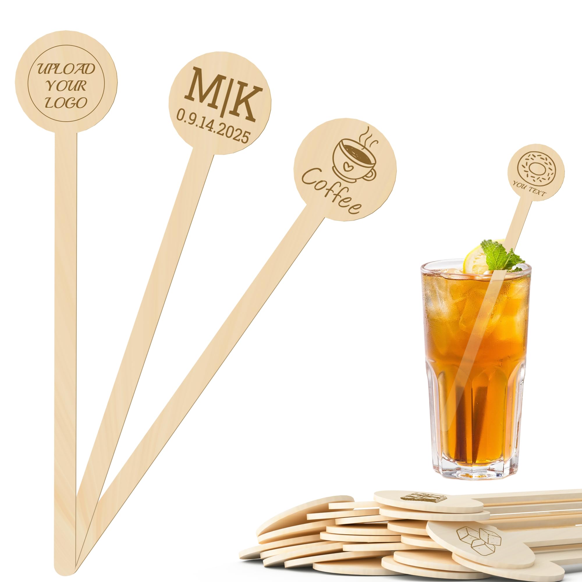 Custom Wooden Cocktail Stirrers,50-500 Pieces 6" Personalised Swizzle Sticks for Cocktails,Coffee,Drink,Beverage Mixer,Reusable Stir Sticks for Bar,Restaurant,Wedding Party Favor,Christmas (Round,S)