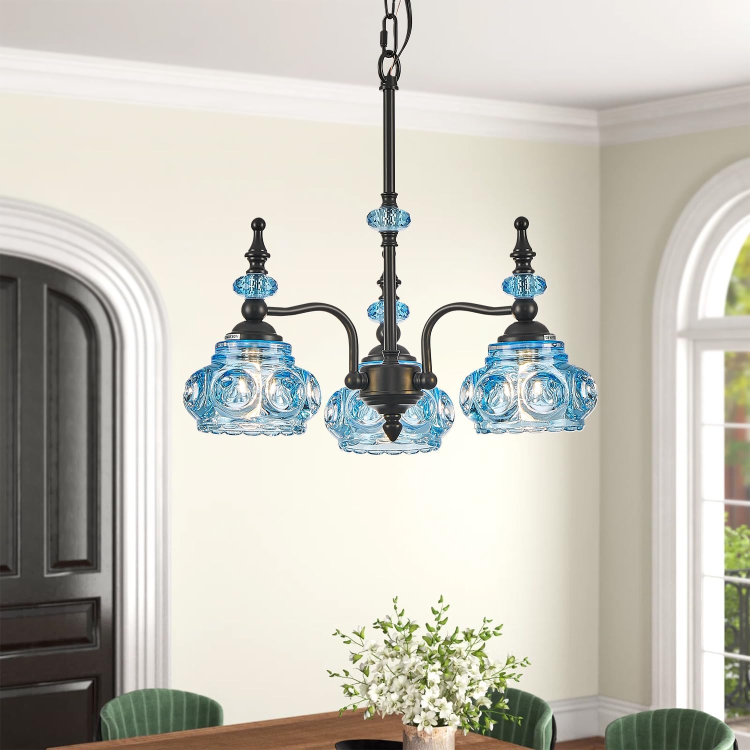 Blue 3-Light Pendant Light Fixtures Black Lights Victorian Vintage Celing Pendant Fixtures for Kitchen Island Bedroom Restrant