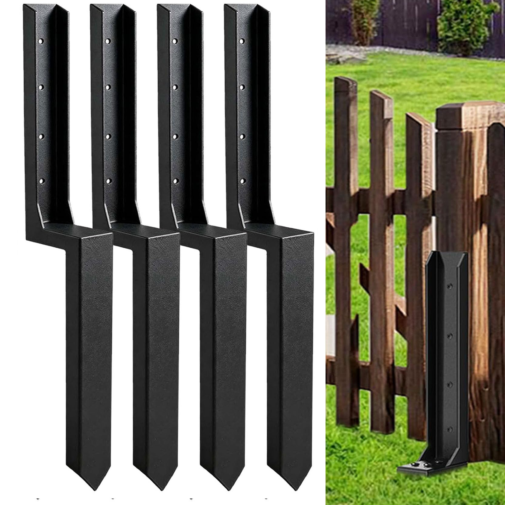GOUZIBHD 4 Pcs Fence Post Repair Kit Heavy Duty Steel Fence Anchor Ground Stakes for Repair Tilted Broken Wood Support, Post Stake Ground for Deck Porch Mailbox