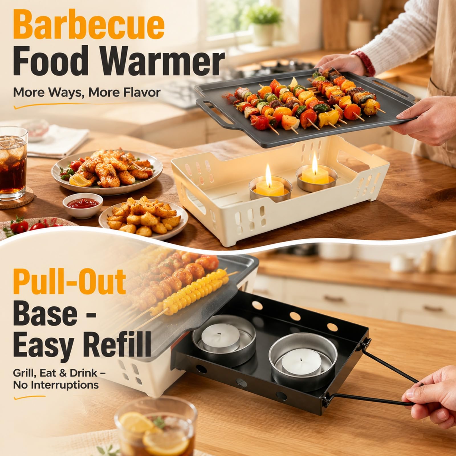Warmhalteplatte für BBQ mit Edelstahlauflage, Speisenwärmer für Grillgut, Stövchen mit Teelichtfunktion, Warmhaltebehälter unplugged, Grillzubehör für Outdoor & Garten, mit 2 Alkoholbrenner (Weiß)