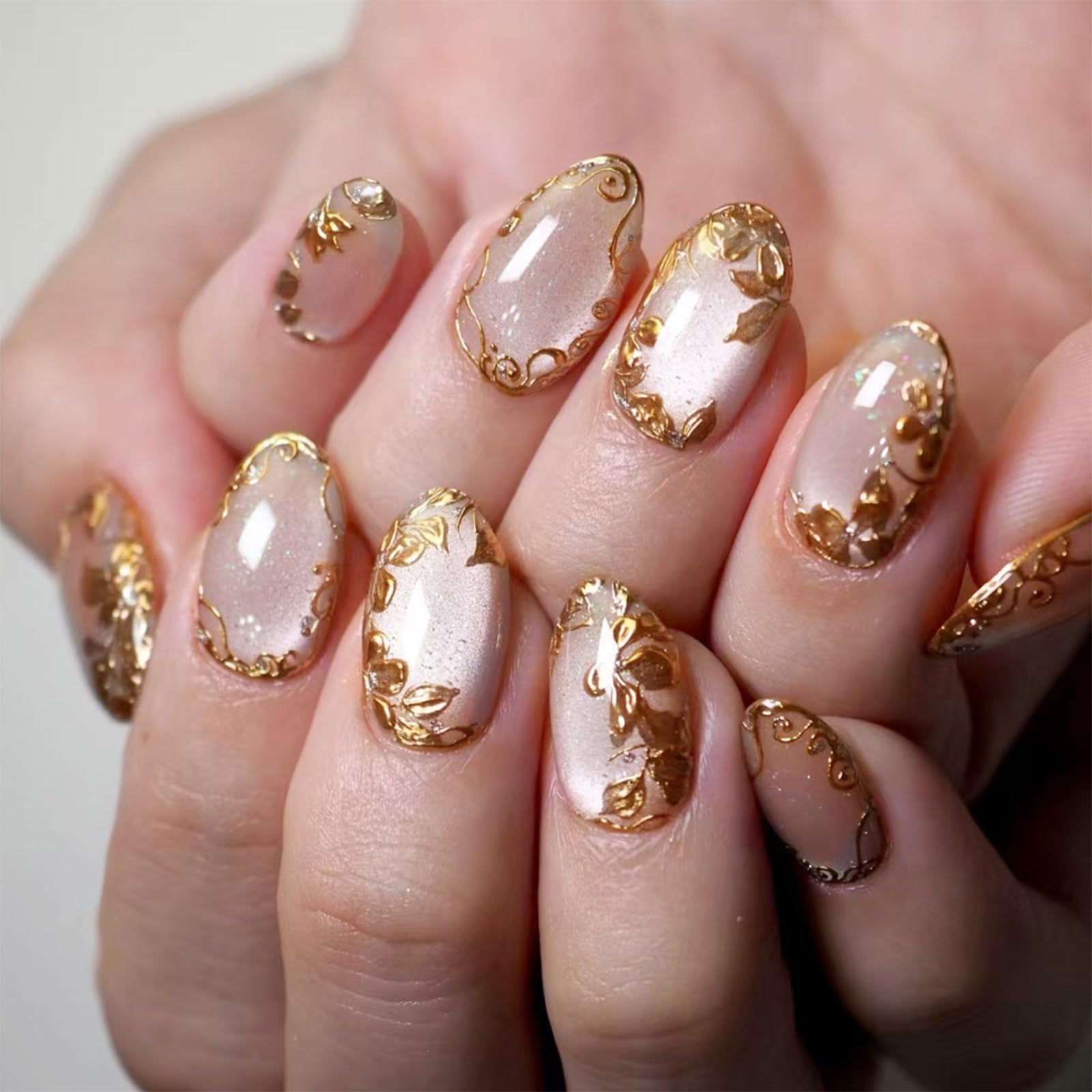 24Pcs Leaves Press on Nails 3D Flower Acrylic Medium Almond Fake Nail Vine Stick on Fingernails Glossy Gold Curve Line False Nails Summer Flowers Gel