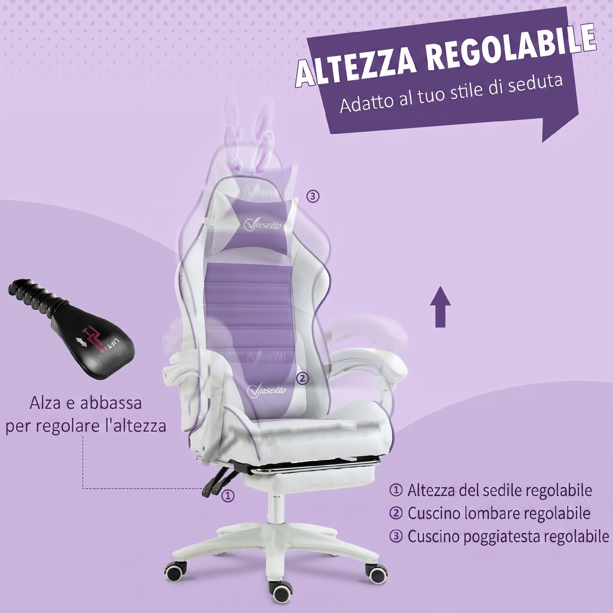 Vinsetto Sedia Gaming Ergonomica Reclinabile con Orecchie da Coniglio Viola | Poltrona Gaming con Poggiapiedi Estraibile, Cuscino Lombare e Poggiatesta, Altezza Regolabile