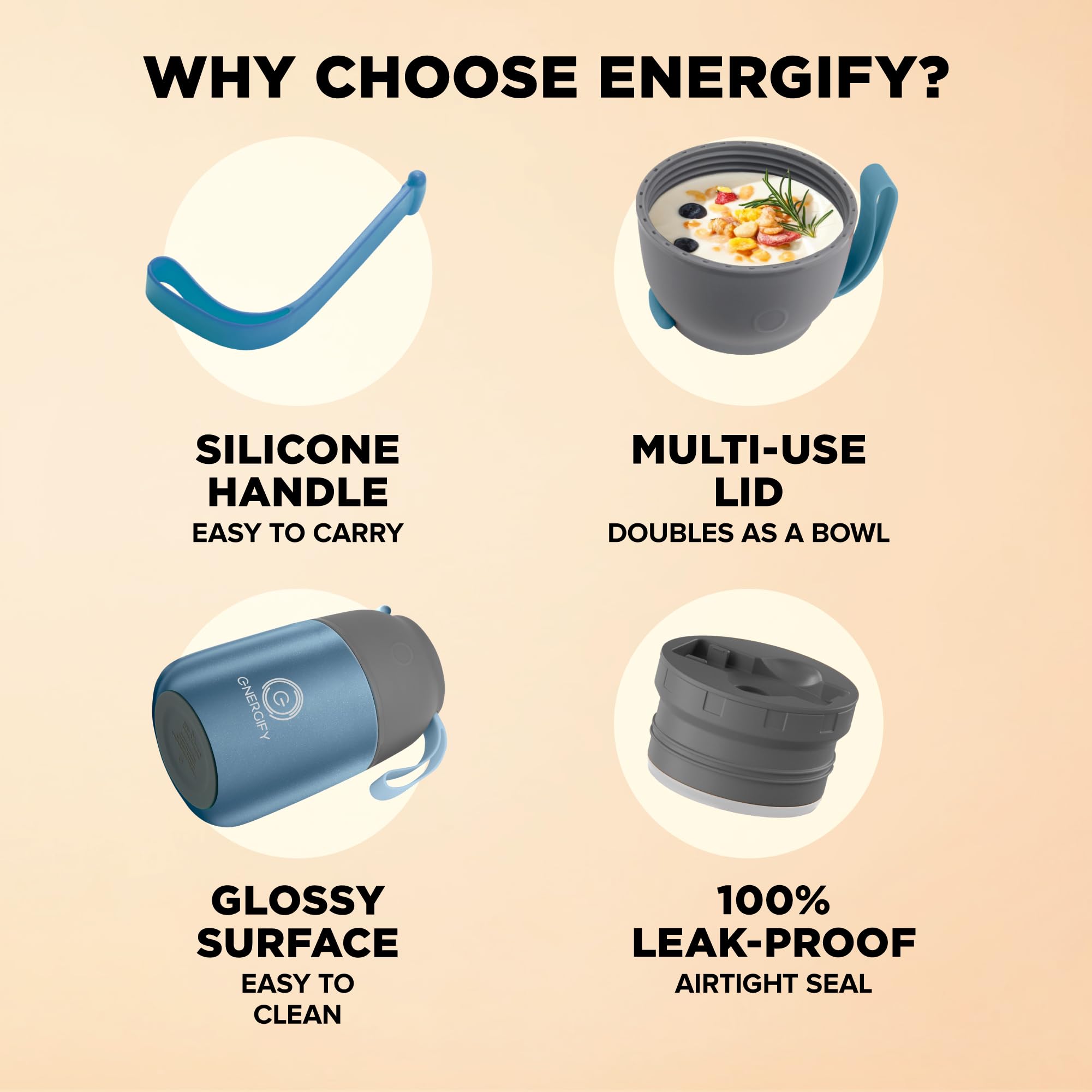 ENERGIFY Izolowany próżniowo słoik na żywność, szeroki otwór, 480 ml, termos na zupę ze składaną łyżeczką, termiczne pojemniki na lunch dla dzieci i dorosłych, szczelny termos ze stali nierdzewnej do