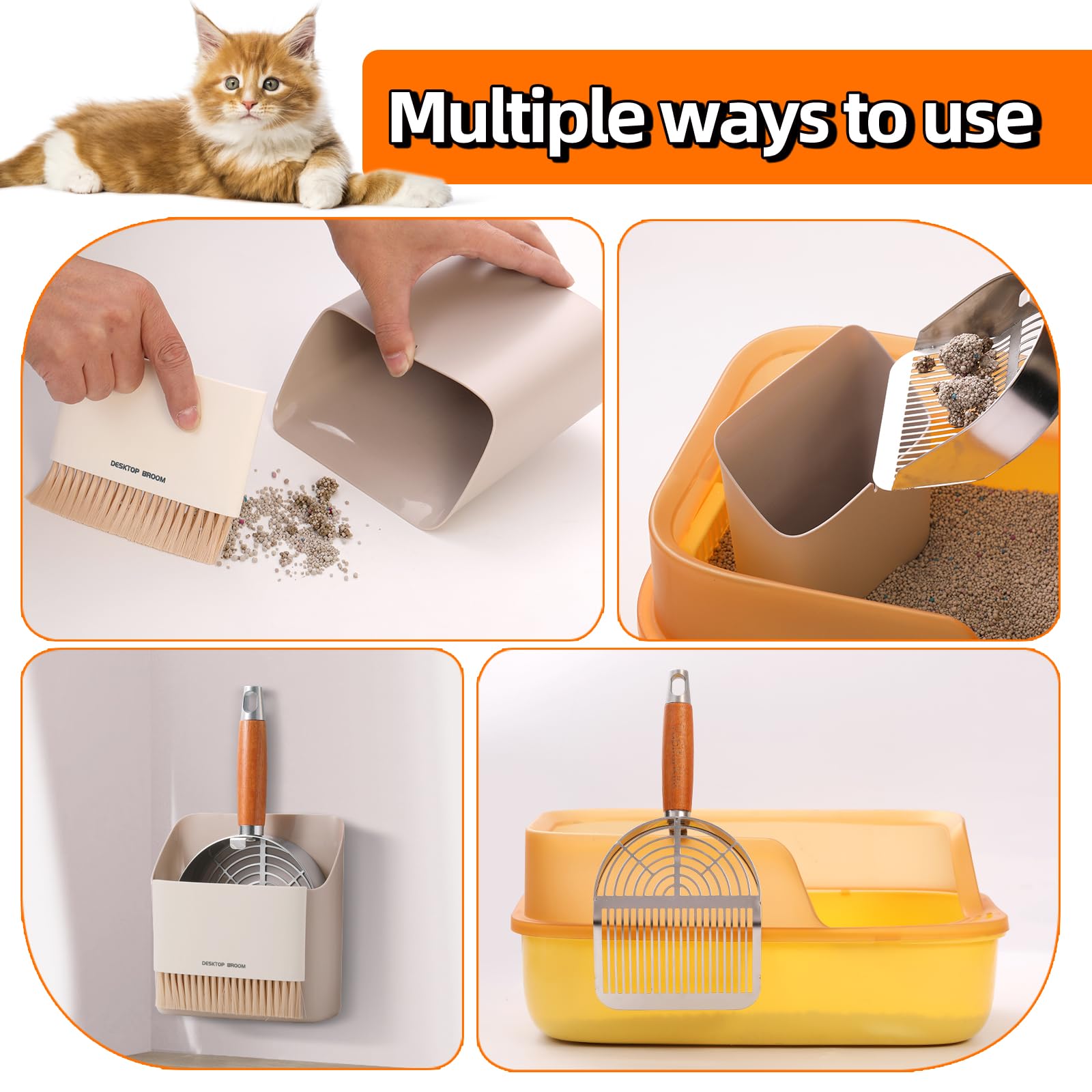 Stainless Steel Metal Cat Litter Scoop with Holder, Small Broom & Dustpan - Durable, Anti-Break Handle, Dual-Width Holes for Quick Clean - image 6